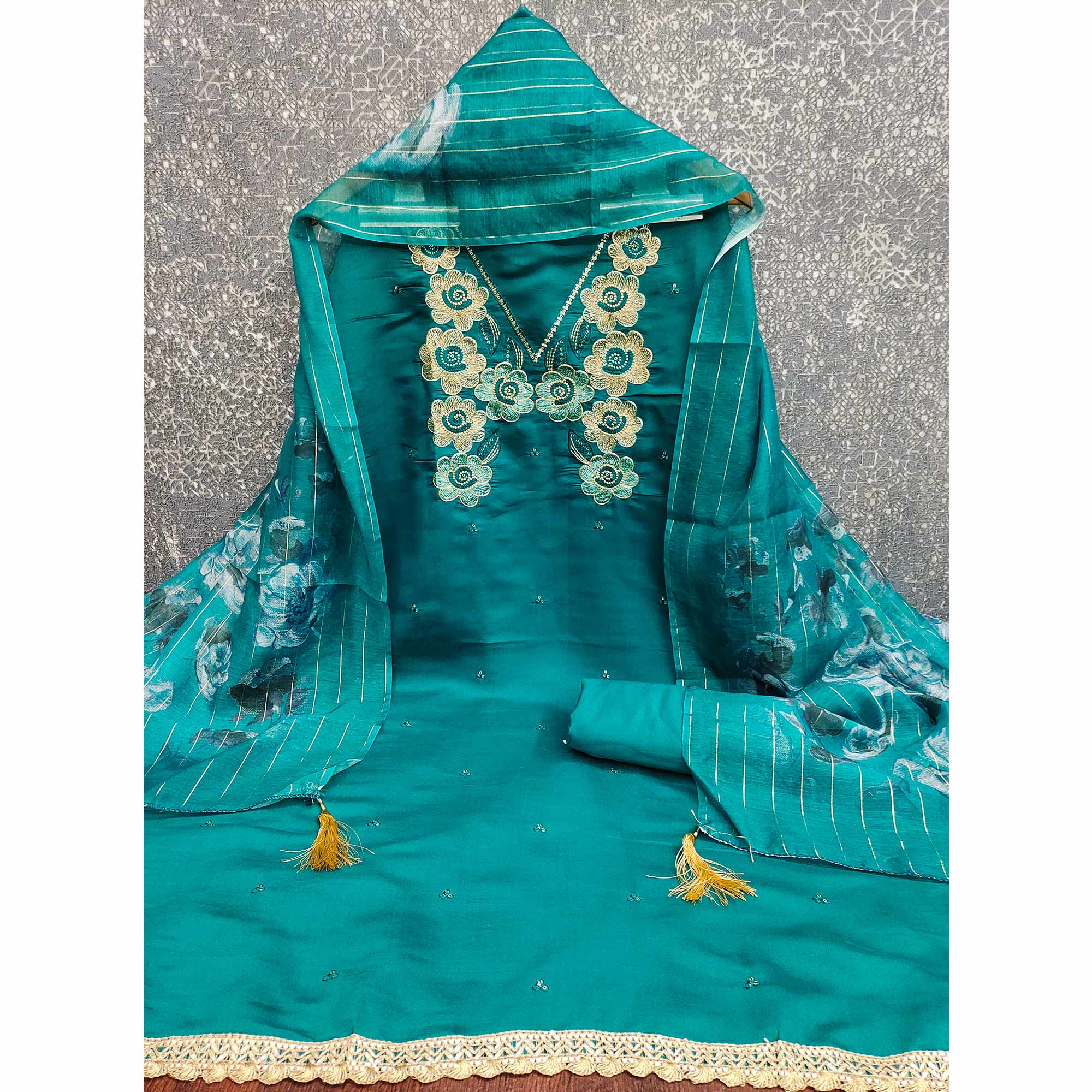 Ethnic Teal Floral Thread Embroidered Roman Cotton Silk Dress Material With Subtle Sequins Work