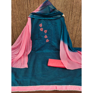 Morpich Blue Cotton Blend Dress Material Featuring Thread Embroidery & Sequins Embellishment