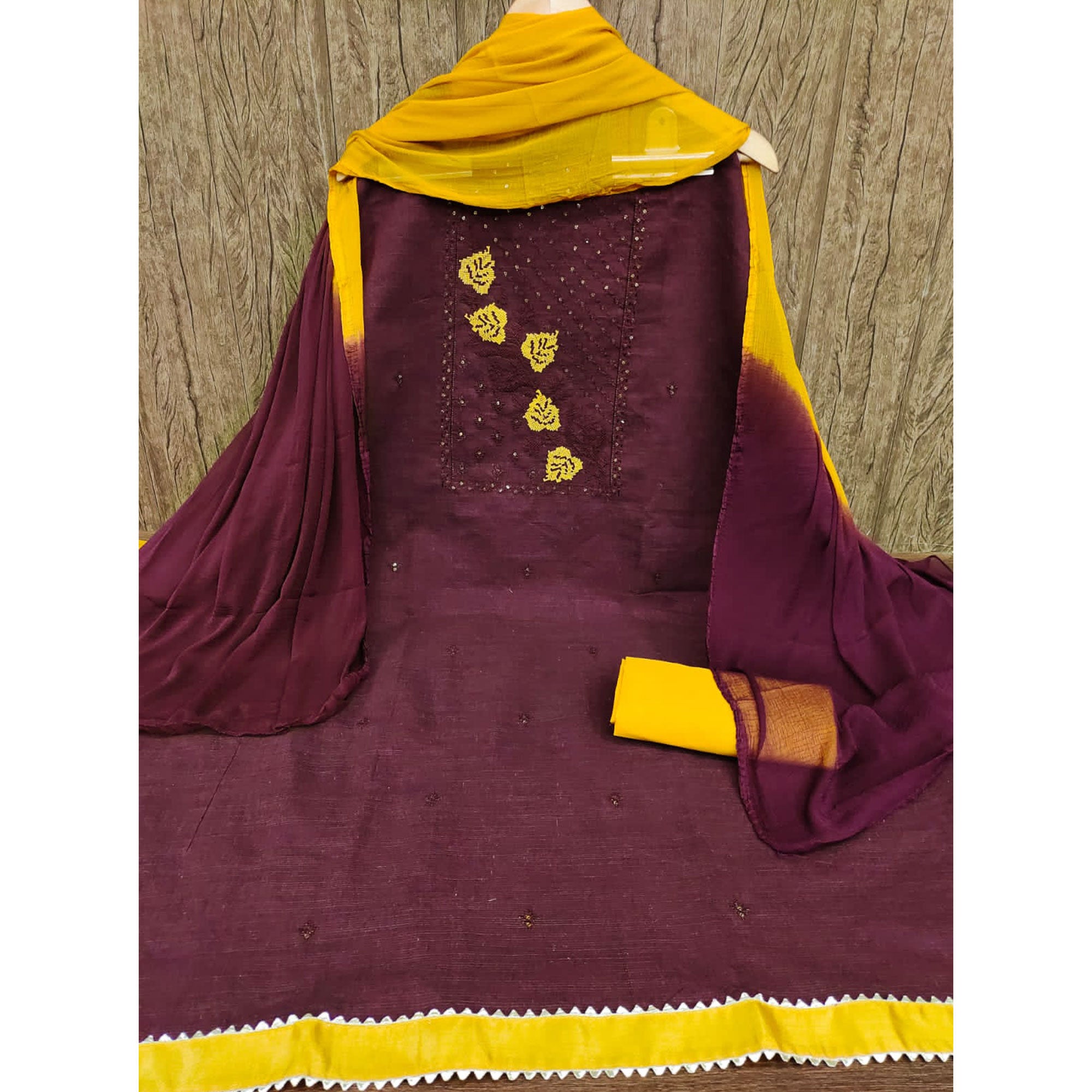 Wine Cotton Blend Dress Material Featuring Thread Embroidery & Sequins Embellishment