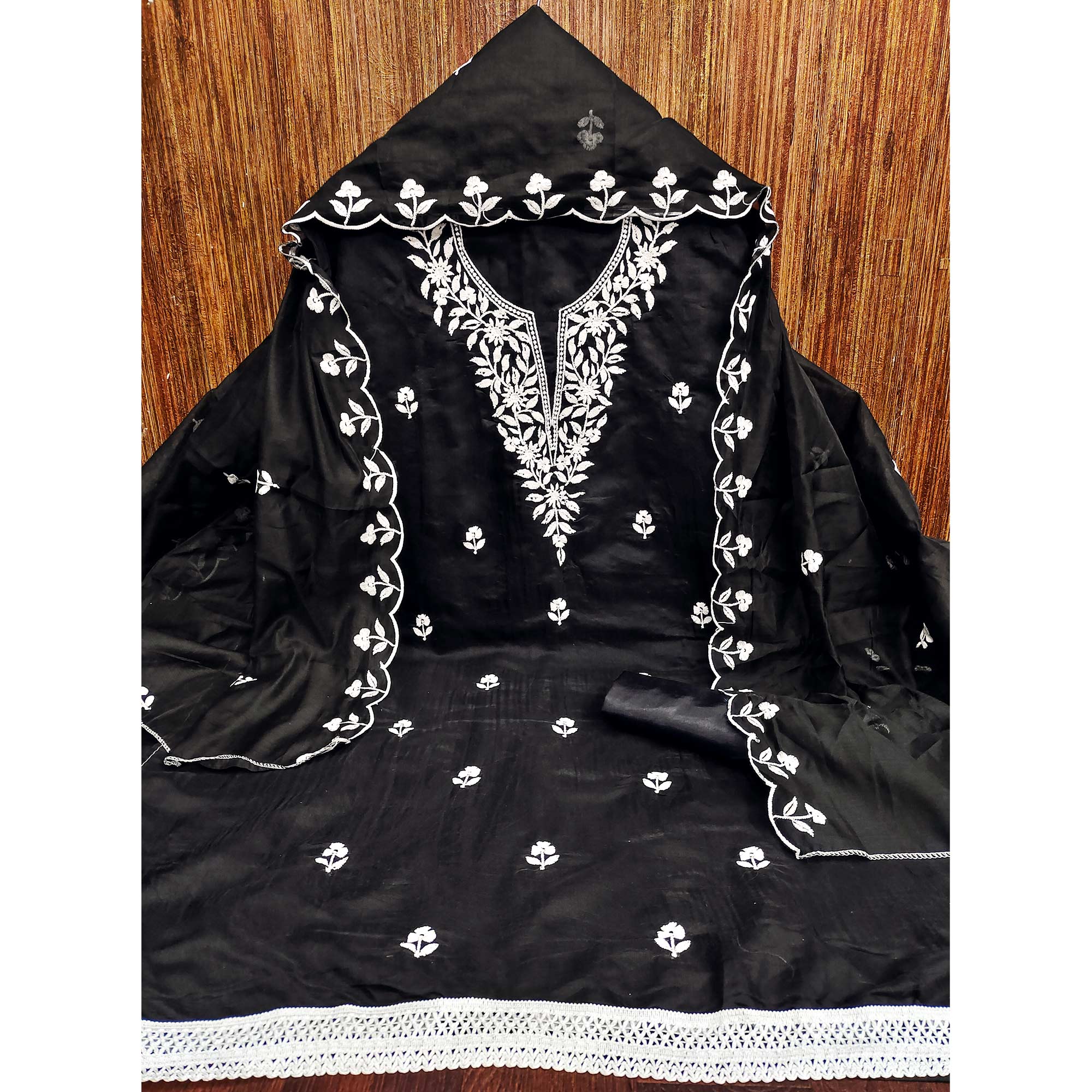 Black Chanderi Cotton Dress Material With Delicate Floral Thread Embroidery