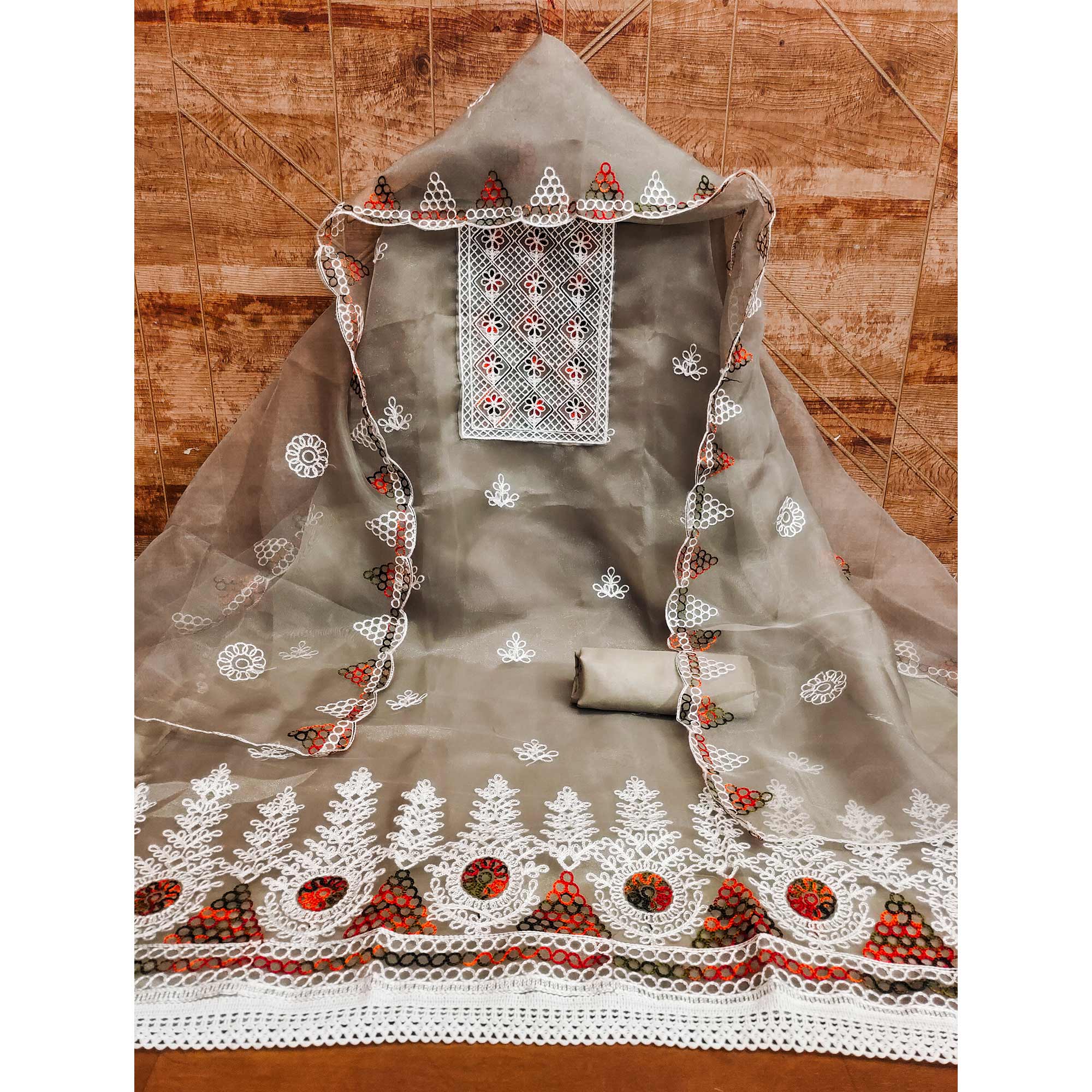 Grey Floral Embroidered Organza Dress Material