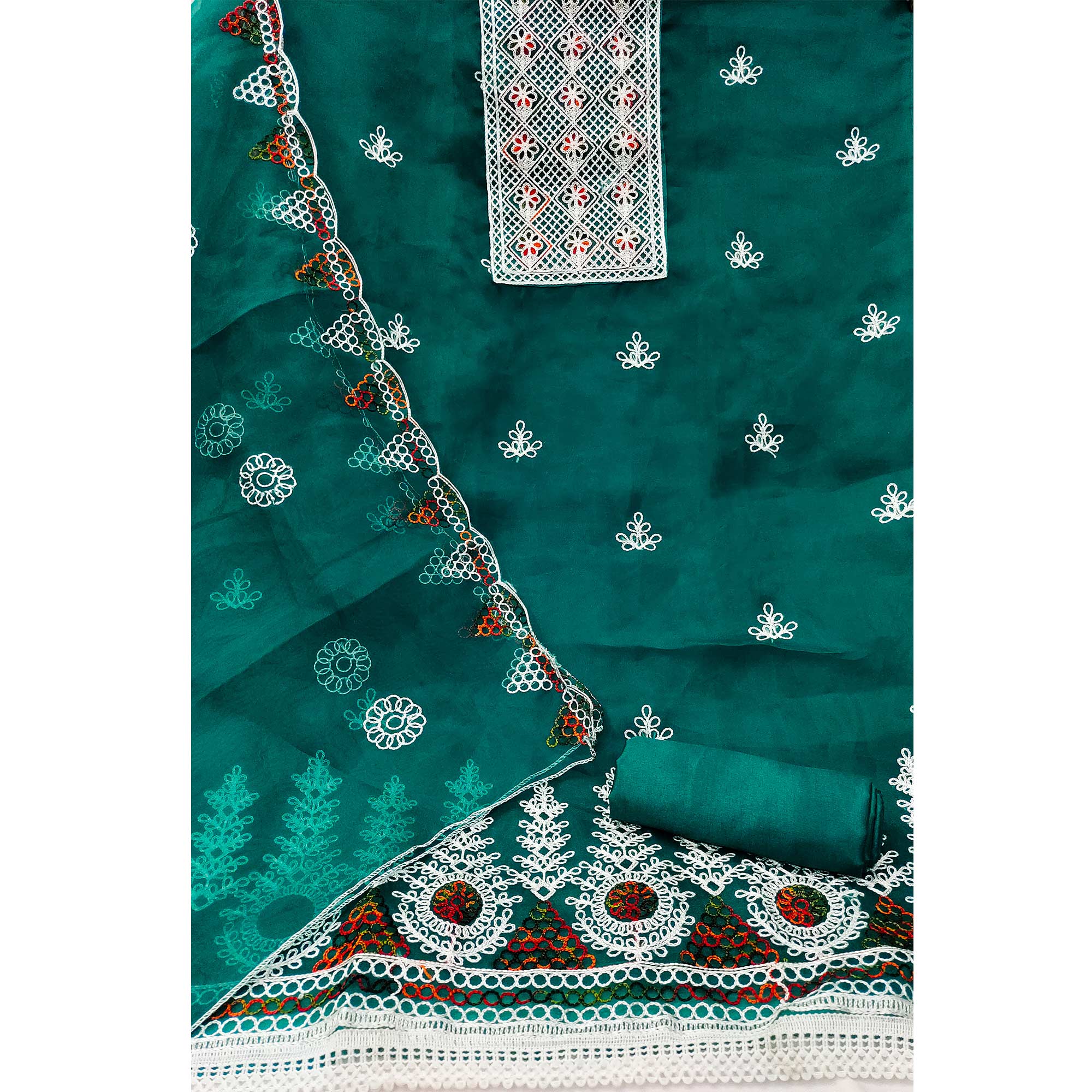 Rama Green Floral Embroidered Organza Dress Material