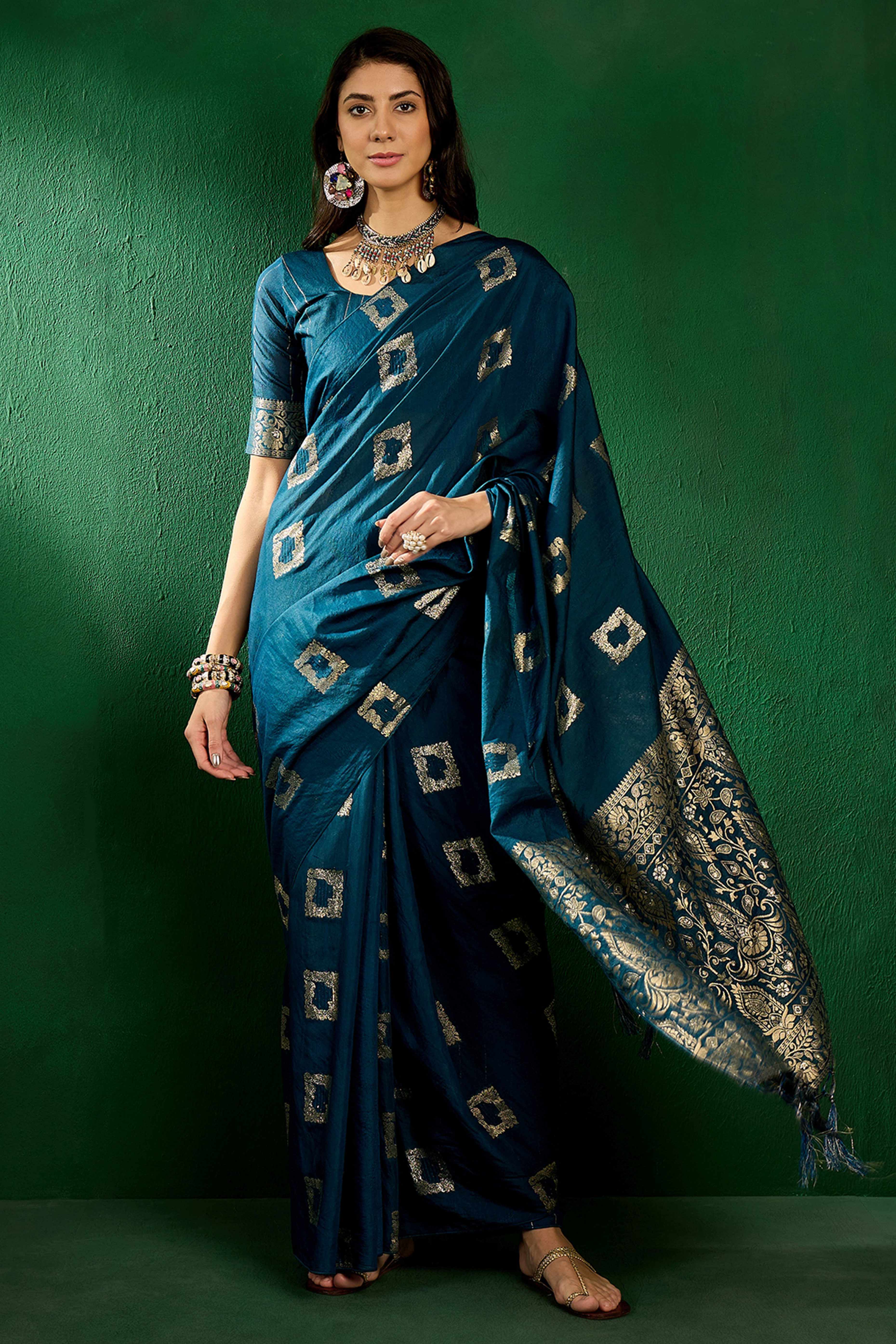 Morpich Blue Woven Staple Cotton Blend Saree With Intricate Floral Motifs & Tassel-Embellished Pallu
