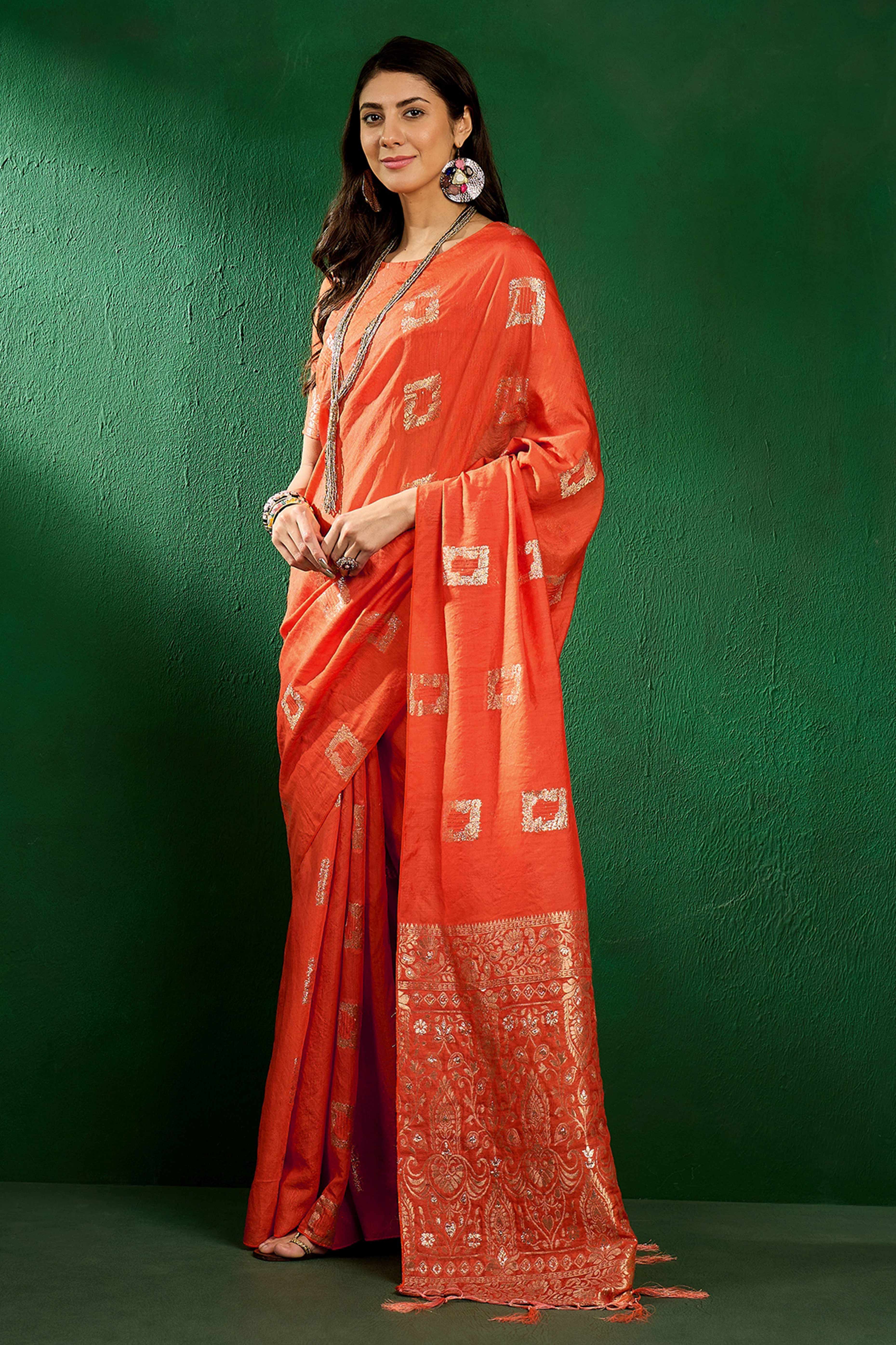 Orange Woven Staple Cotton Blend Saree With Intricate Floral Motifs & Tassel-Embellished Pallu