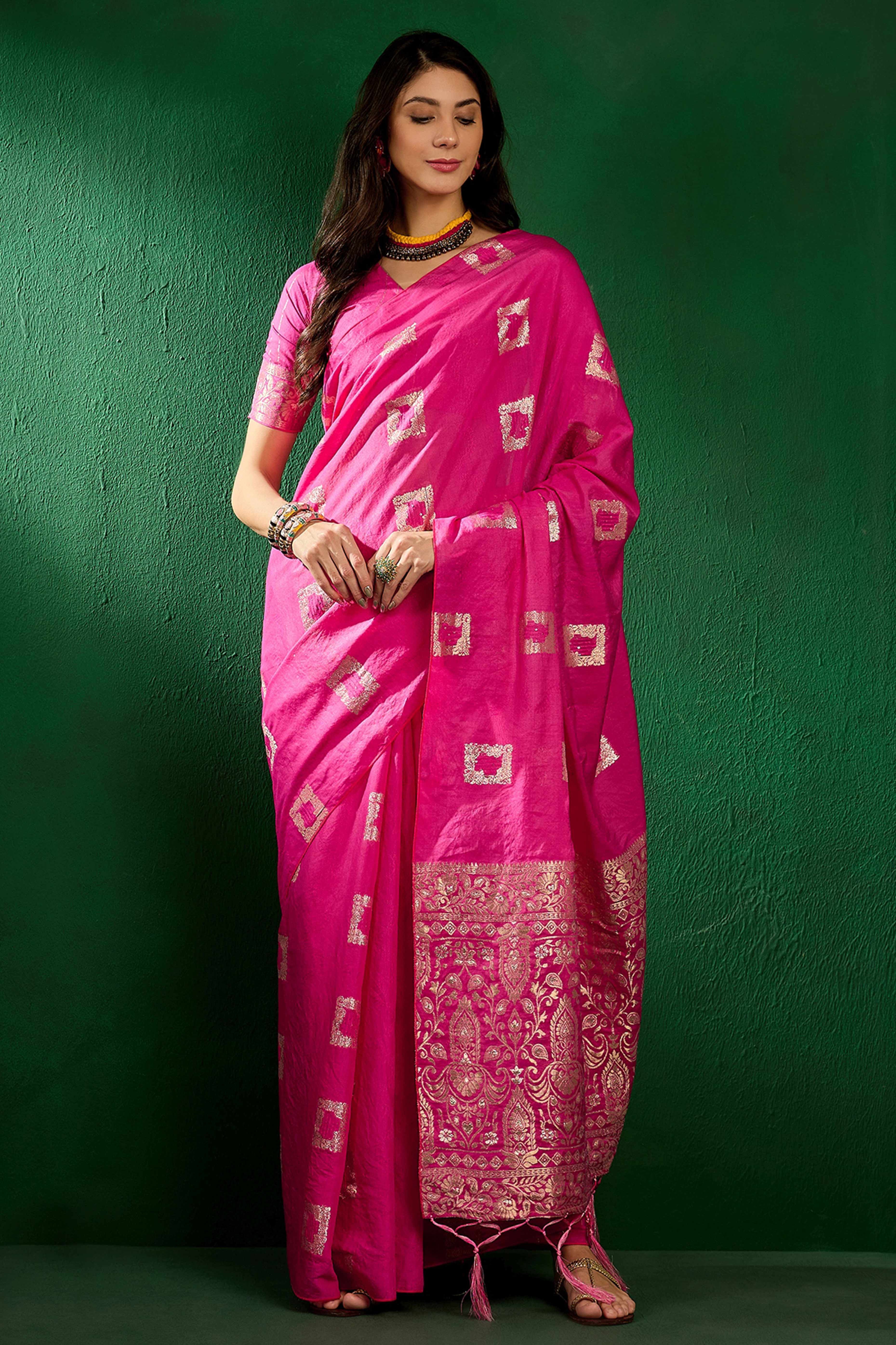 Rani Pink Woven Staple Cotton Blend Saree With Intricate Floral Motifs & Tassel-Embellished Pallu