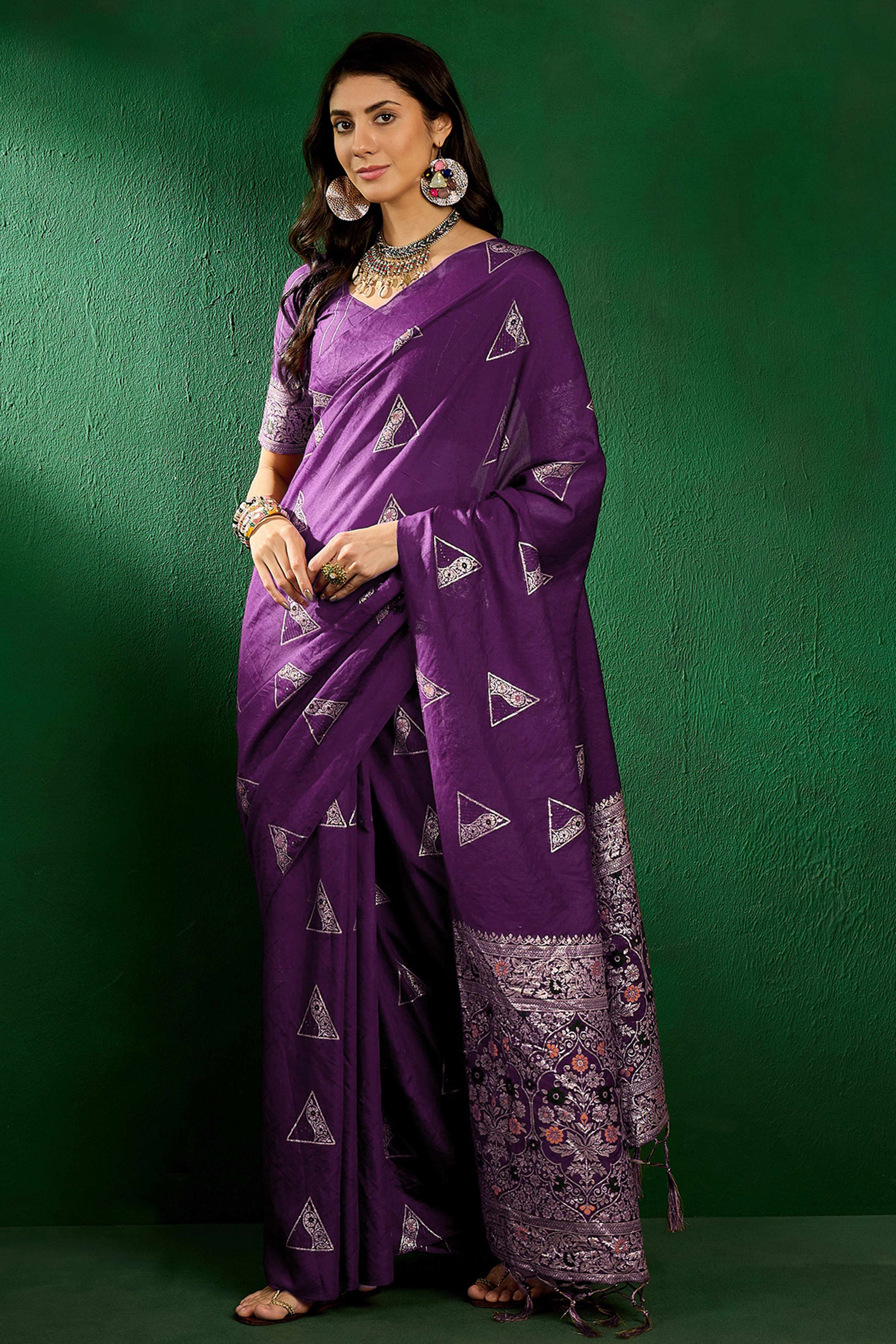 Purple Floral Woven Staple Cotton Blend Saree With Sparkling Sequin Embroidery & Graceful Tassel Pallu