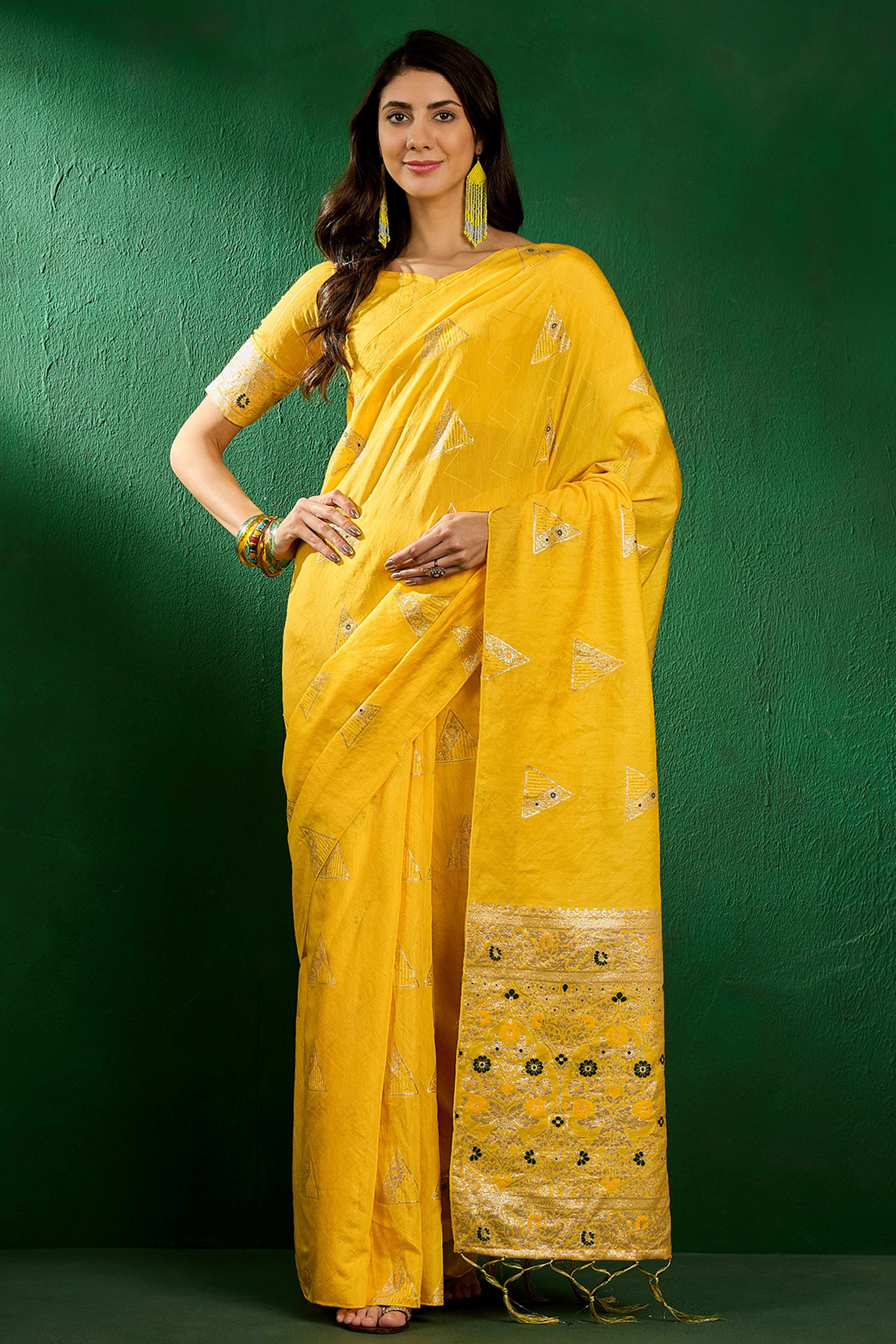 Yellow Floral Woven Staple Cotton Blend Saree With Sparkling Sequin Embroidery & Graceful Tassel Pallu