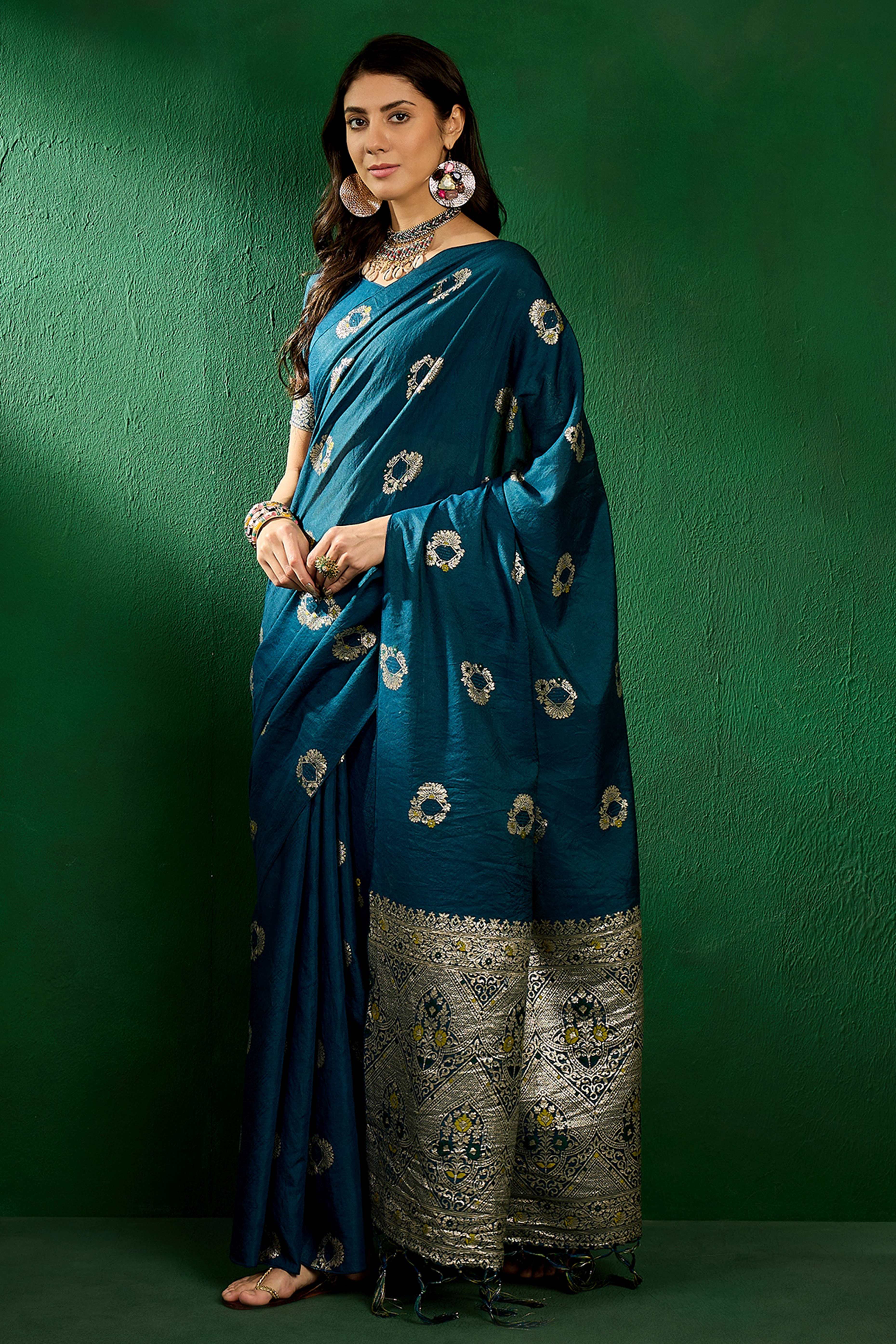 Morpich Blue Cotton Blend Meena Jacquard Saree Enhanced With Floral Weaving & Tassel Pallu