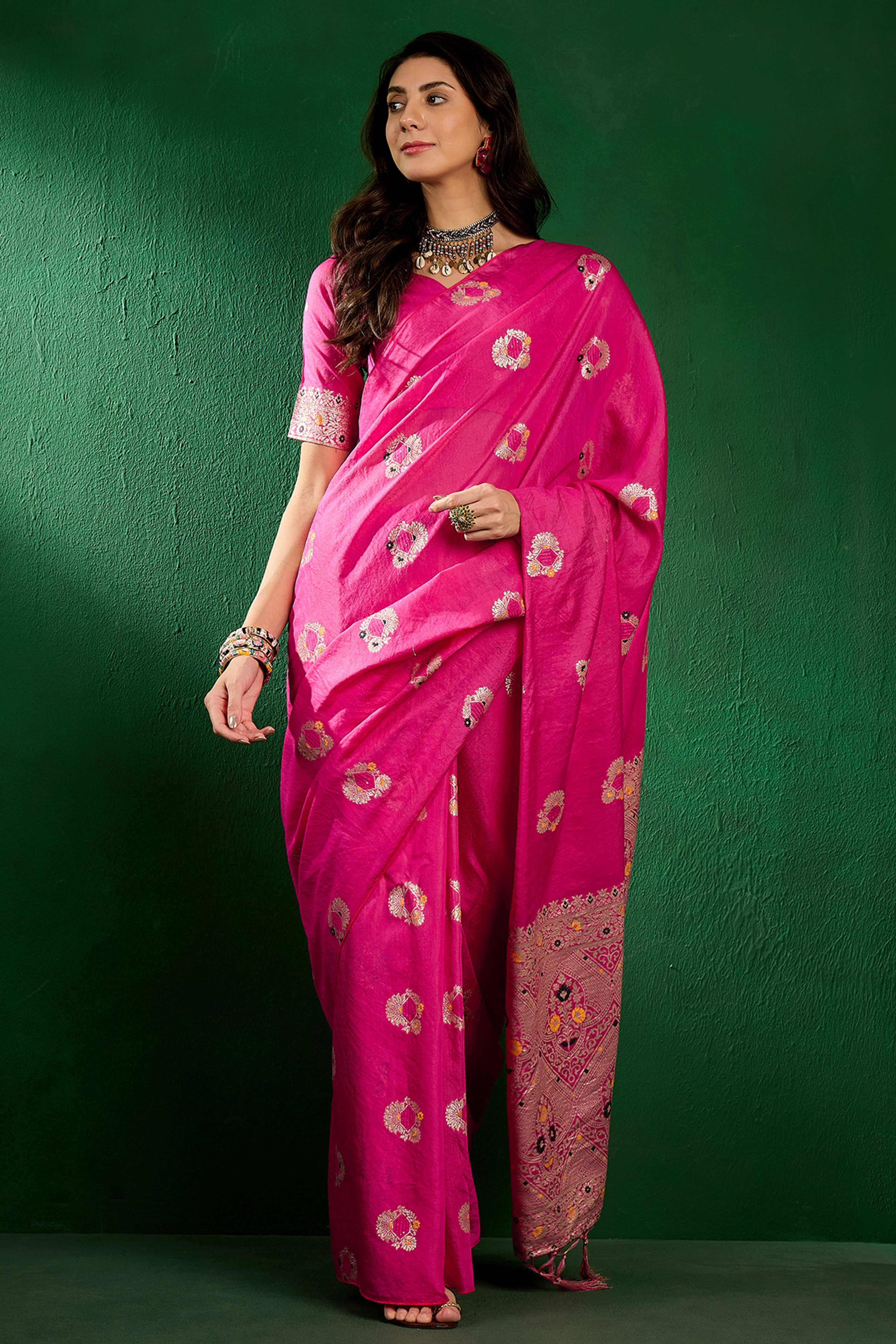 Pink Cotton Blend Meena Jacquard Saree Enhanced With Floral Weaving & Graceful Tassel Pallu