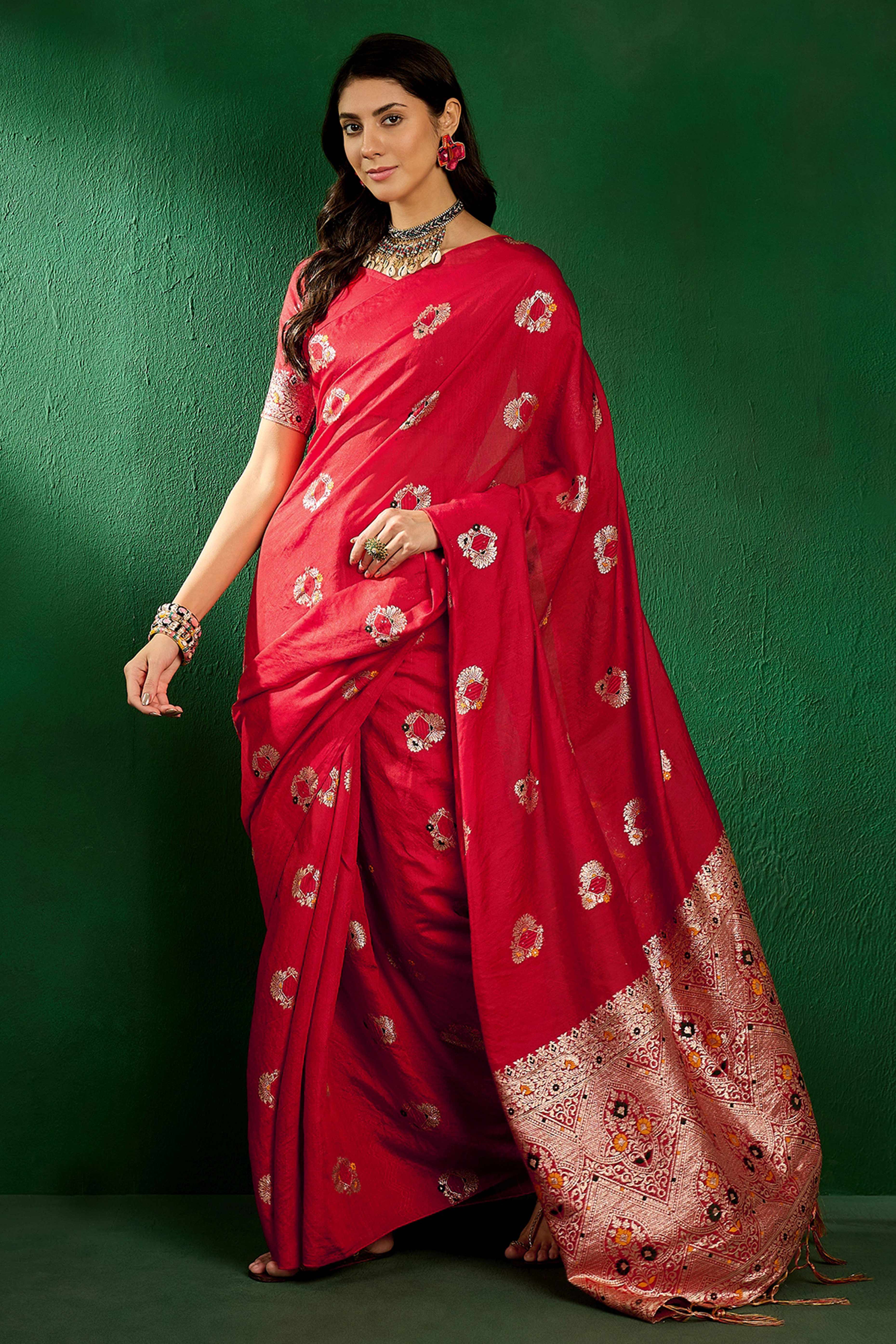 Red Cotton Blend Meena Jacquard Saree Enhanced With Floral Weaving & Graceful Tassel Pallu