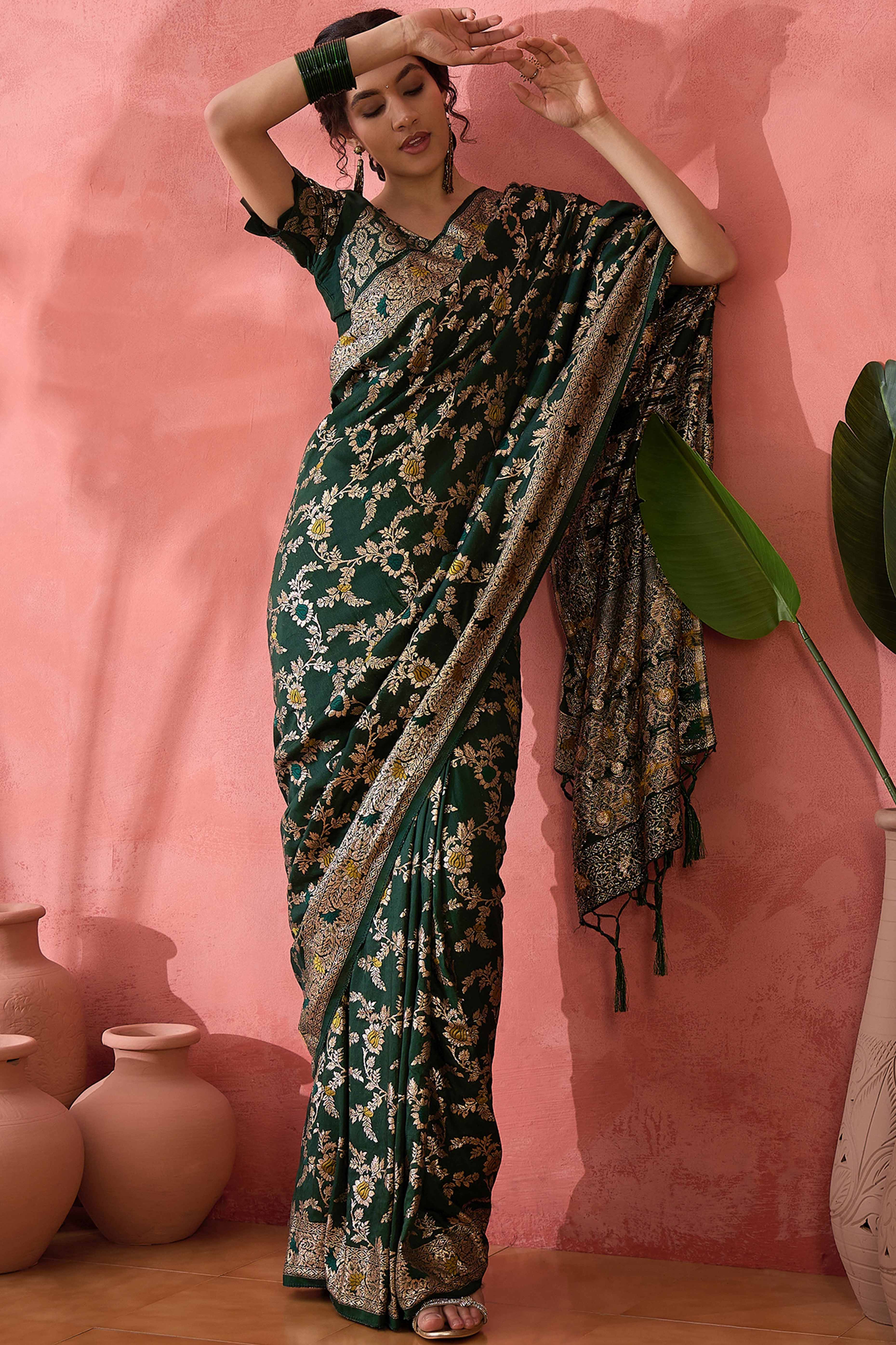 Green Cotton Meena Jacquard Saree Featuring Intricate Floral Weaving & Tassels On The Pallu