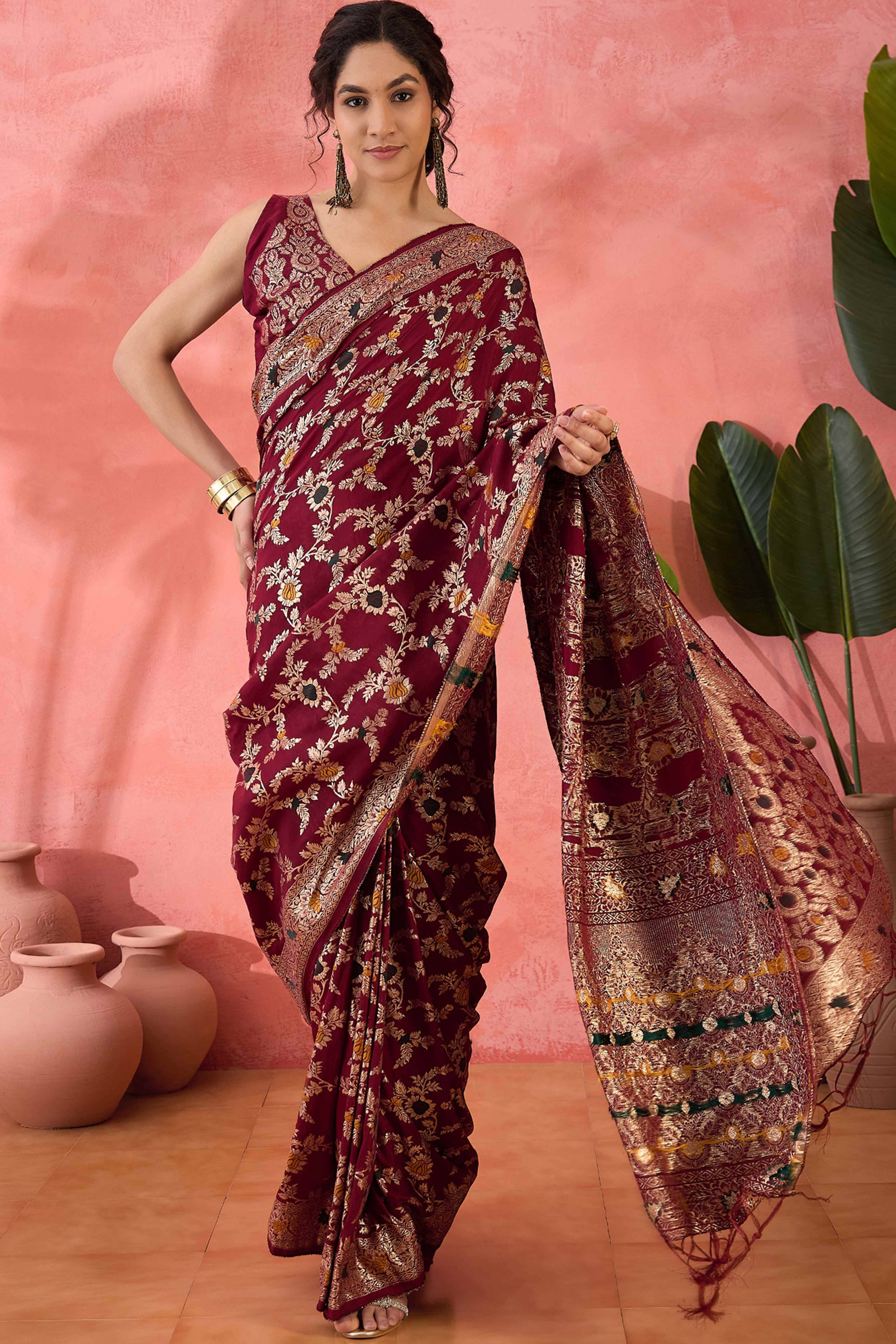 Maroon Cotton Meena jacquard Saree Featuring Intricate Floral Weaving & Tassels On The Pallu
