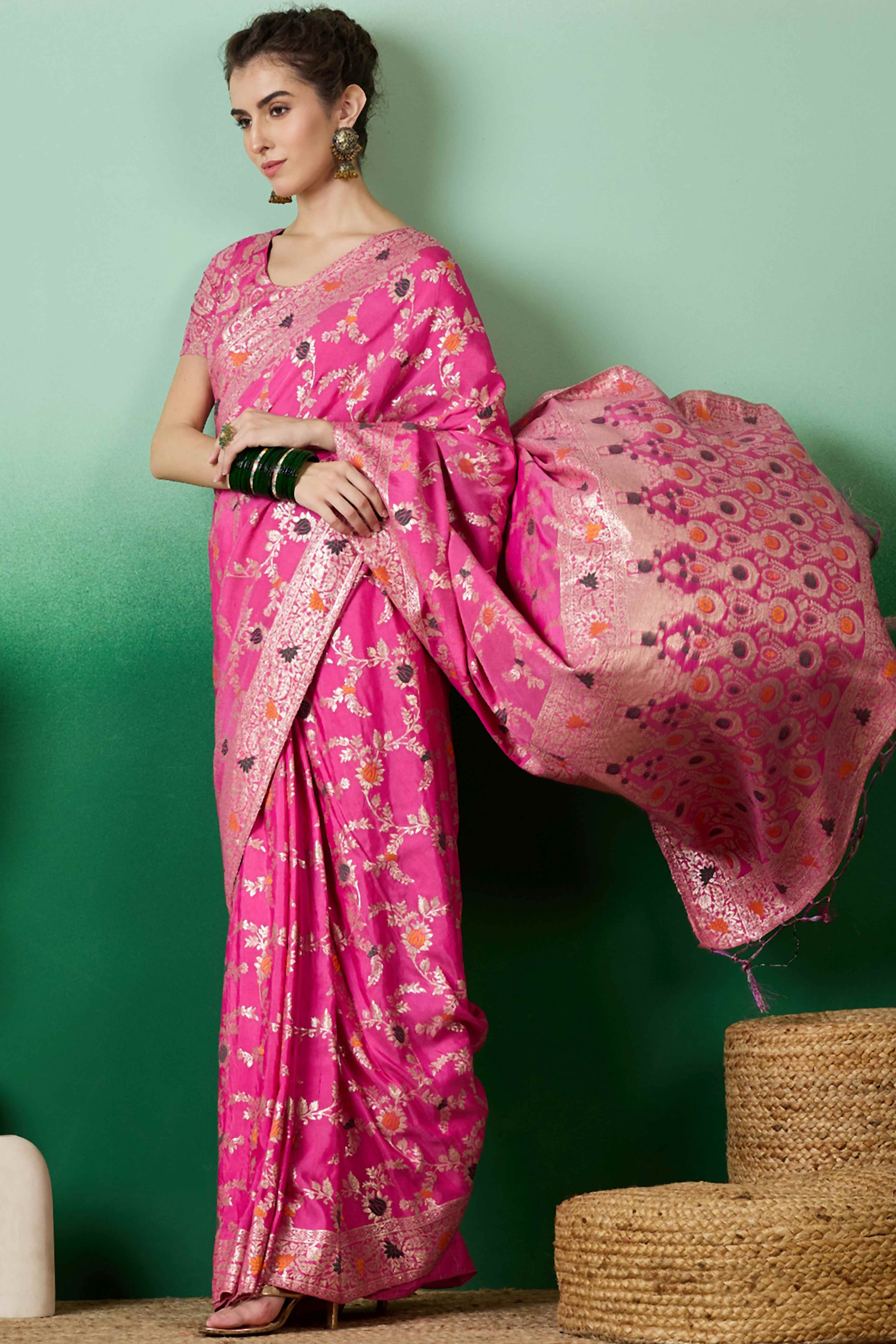 Pink Cotton Meena Jacquard Saree Featuring Intricate Floral Weaving & Tassels On The Pallu