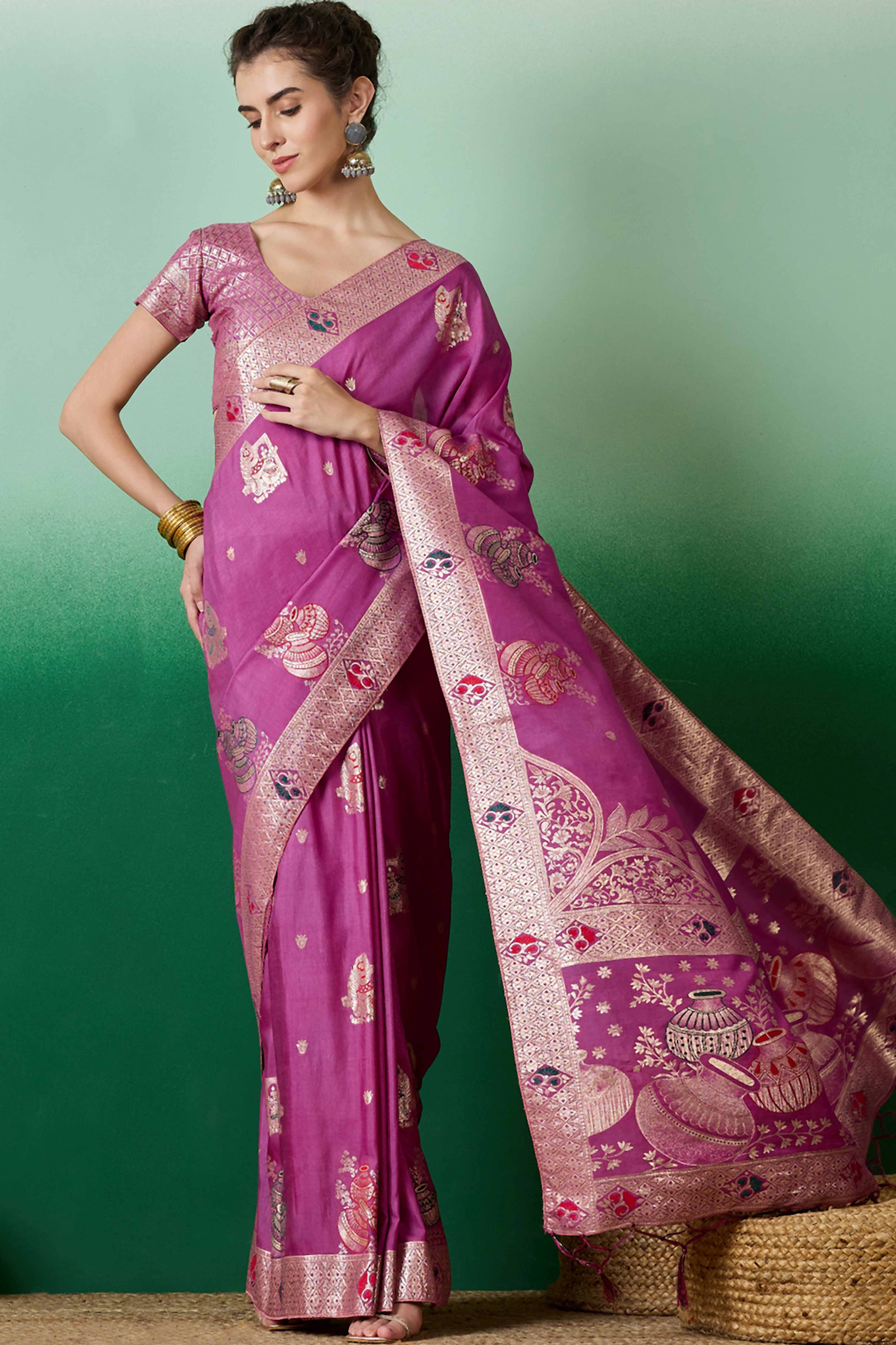 Magenta Cotton Blend Saree Adorned With Floral Zari Weaving & Soft Tassel Accents