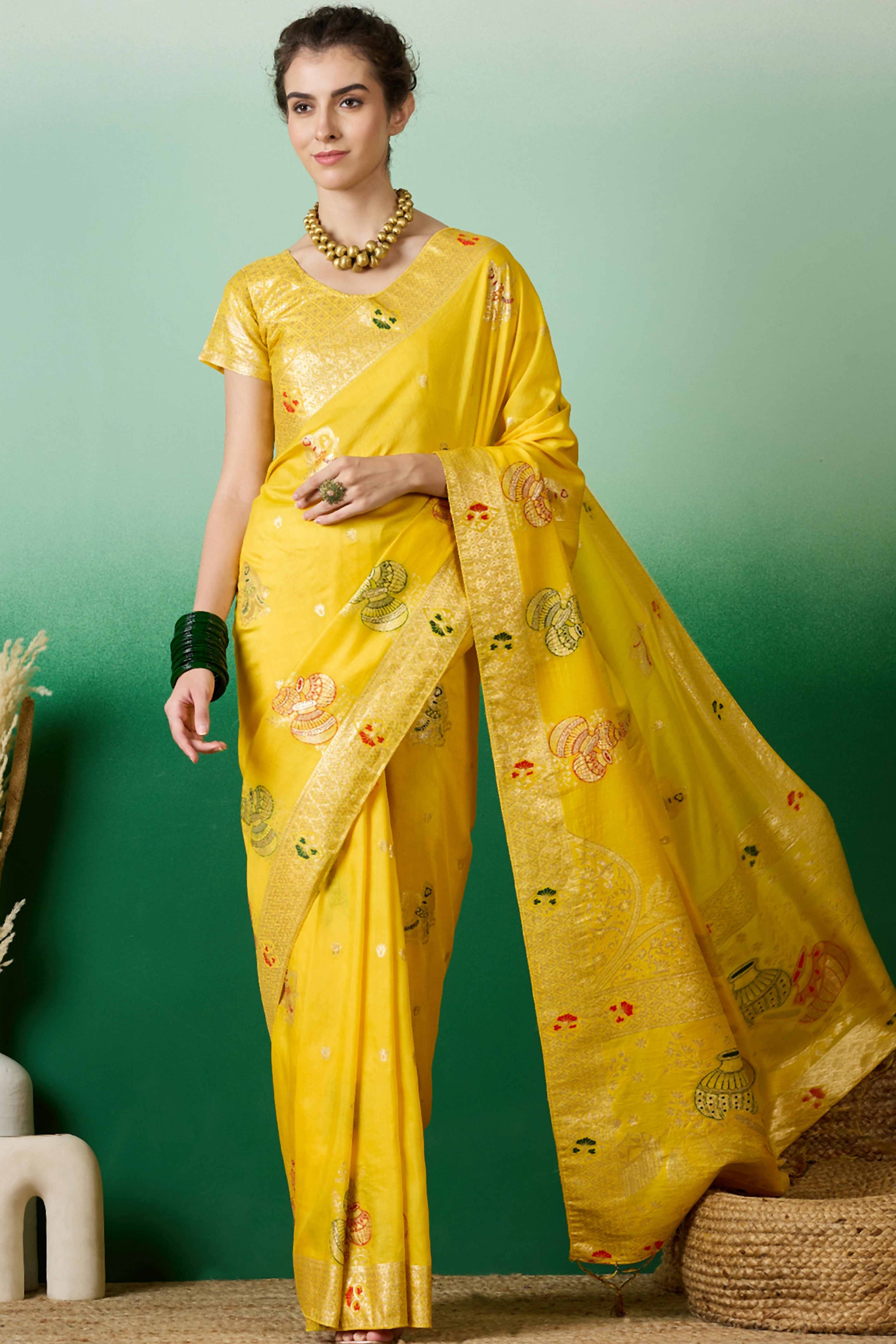 Yellow Cotton Blend Saree Adorned With Floral Zari Weaving & Soft Tassel Accents