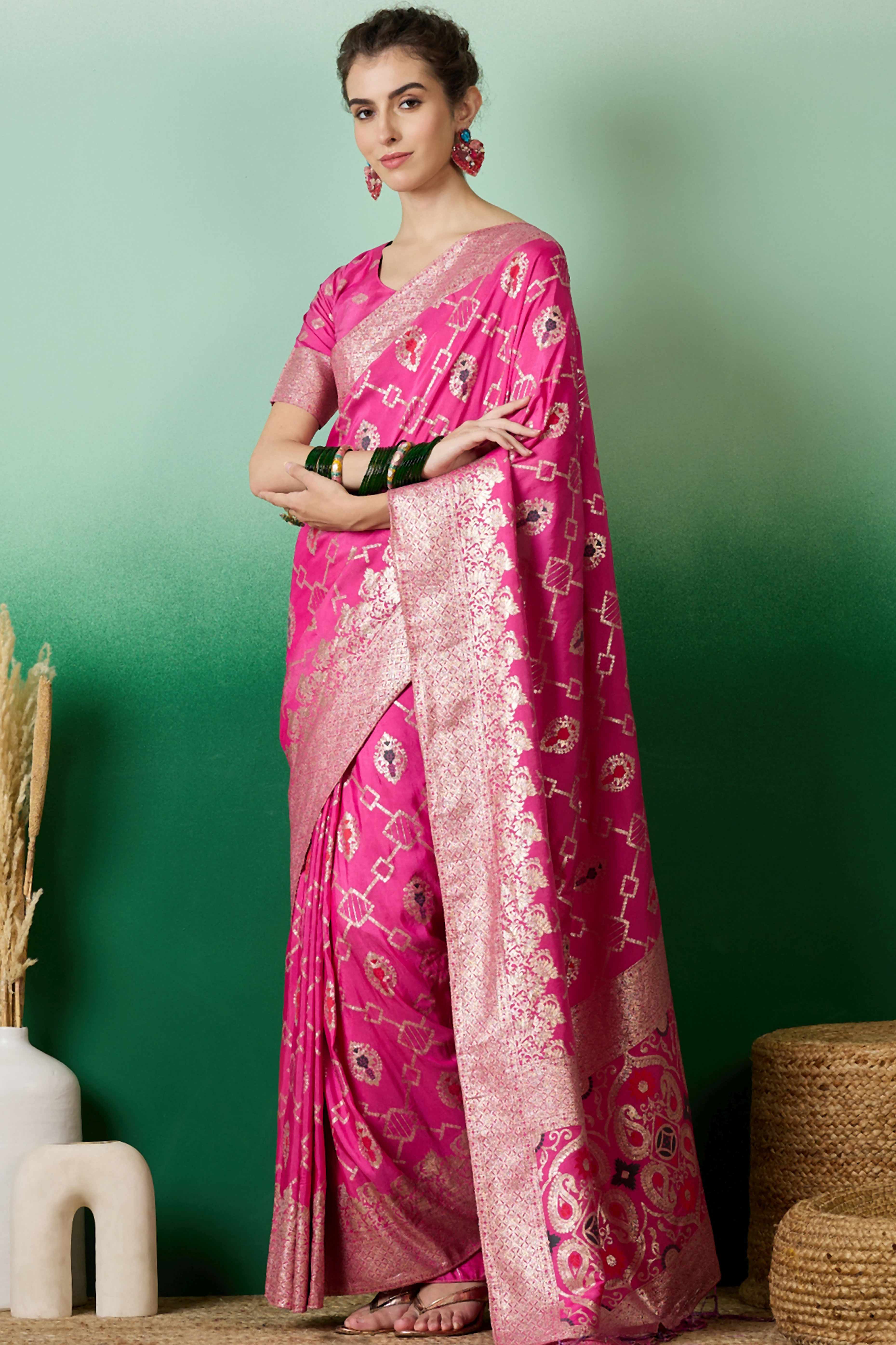 Pink Zari Woven Staple Cotton Blend Saree With Floral Motifs & Tassel Detailed Pallu