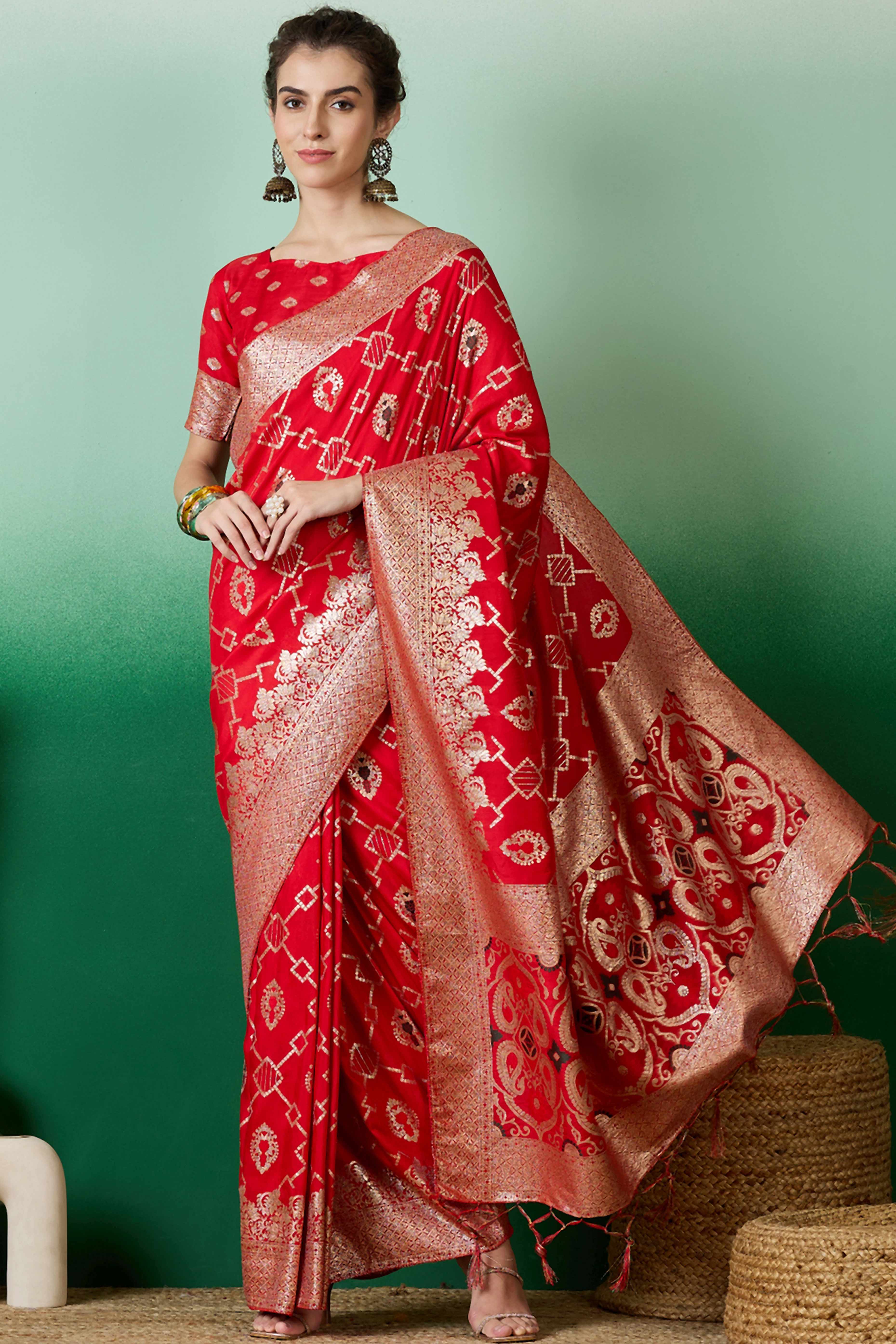 Red Zari Woven Staple Cotton Blend Saree With Floral Motifs & Tassel Detailed Pallu