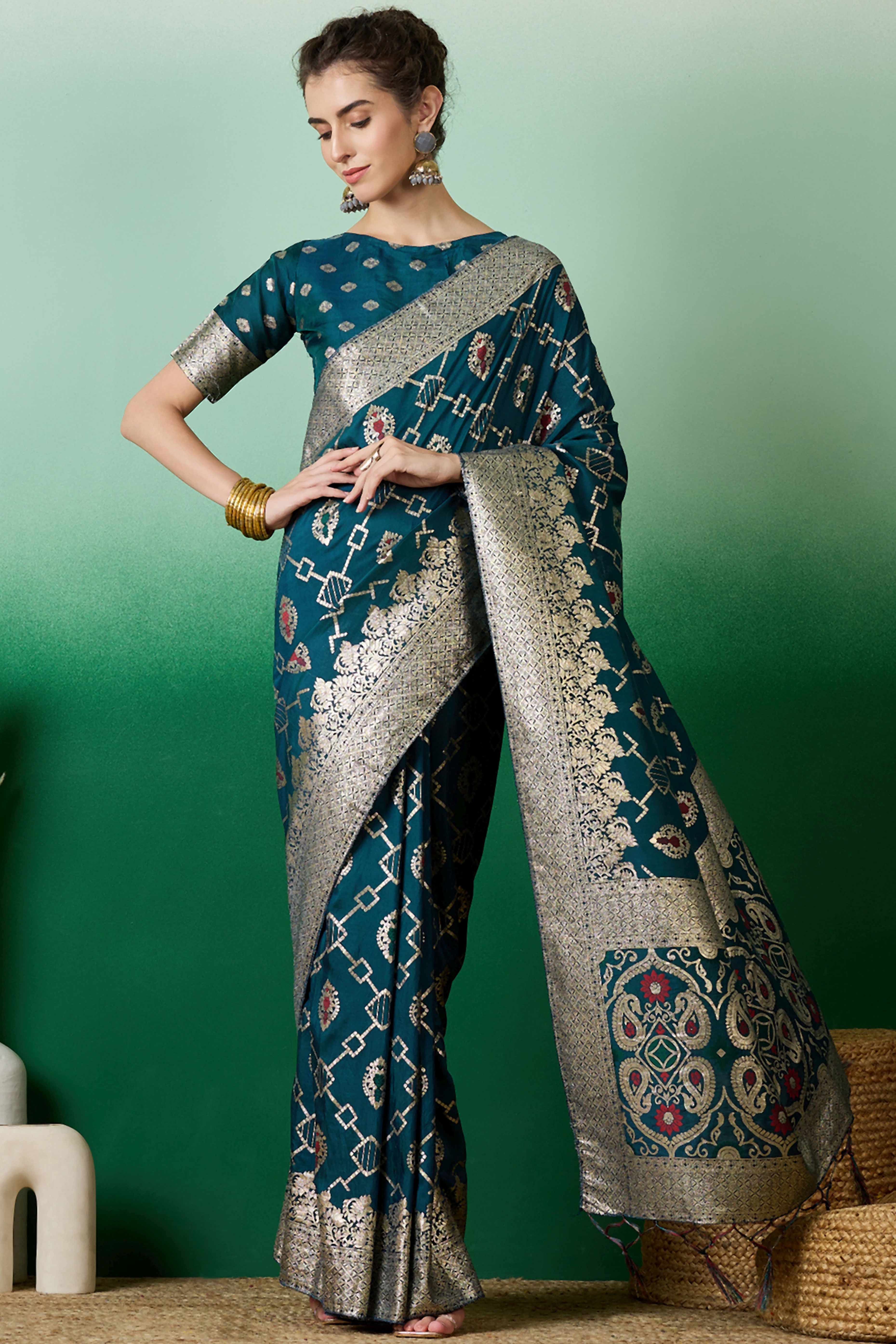 Teal Zari Woven Staple Cotton Blend Saree With Floral Motifs & Tassel Detailed Pallu