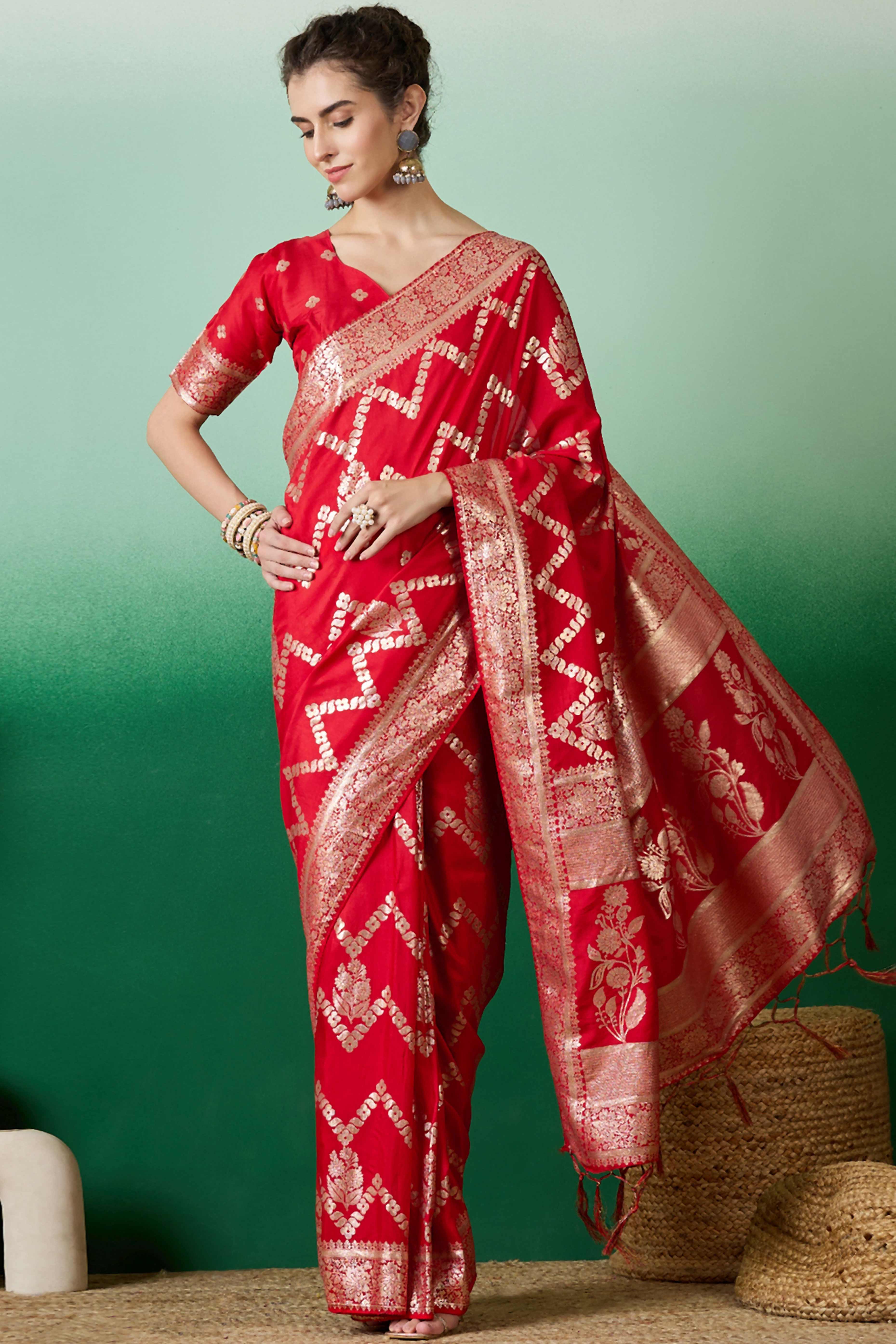 Red Cotton Blend Jacquard Saree Adorned With Floral Weaving & Graceful Tassel Pallu