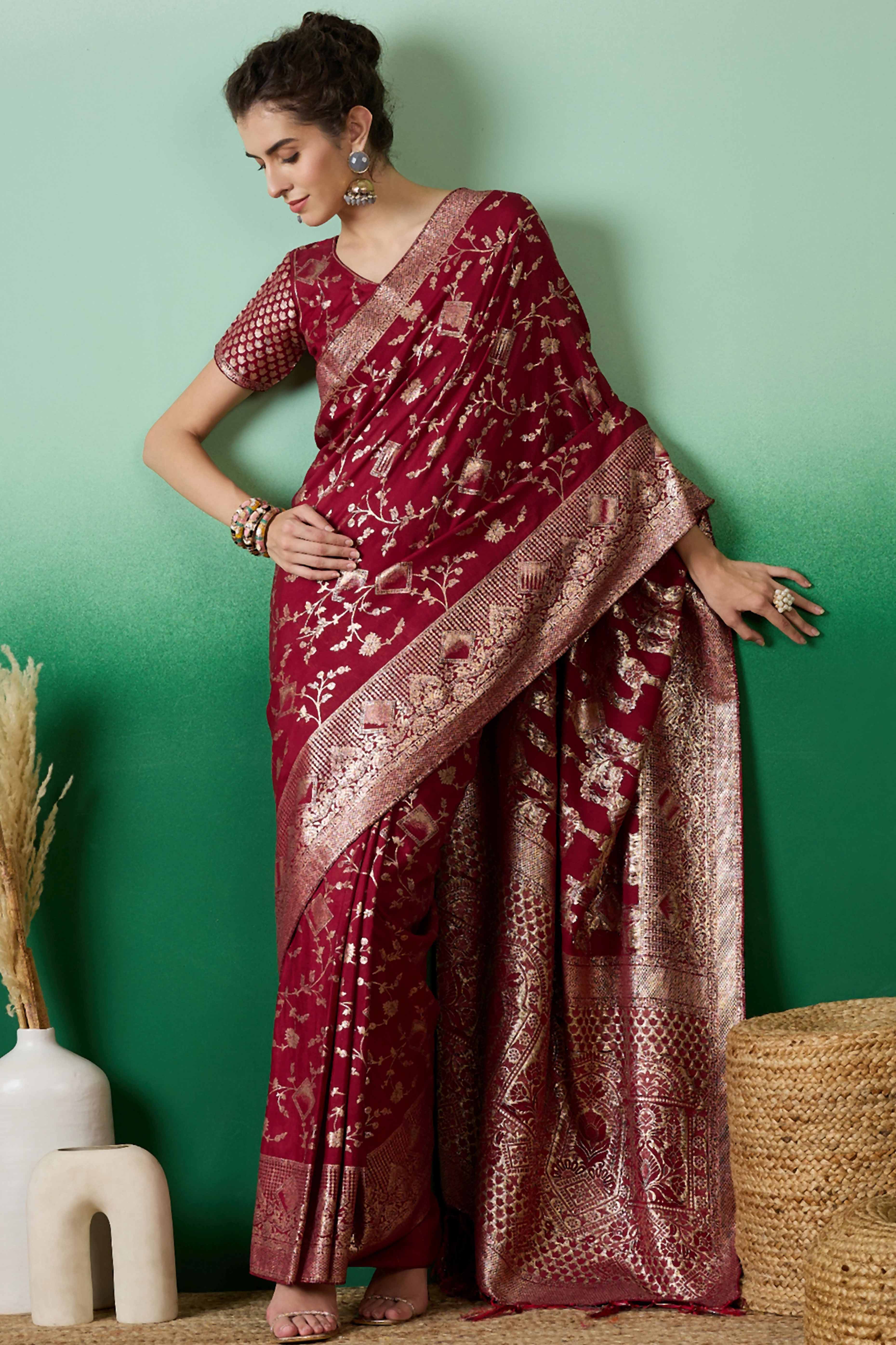Maroon Cotton Blend Saree With Intricate Floral Zari Weaving & Soft Tassel