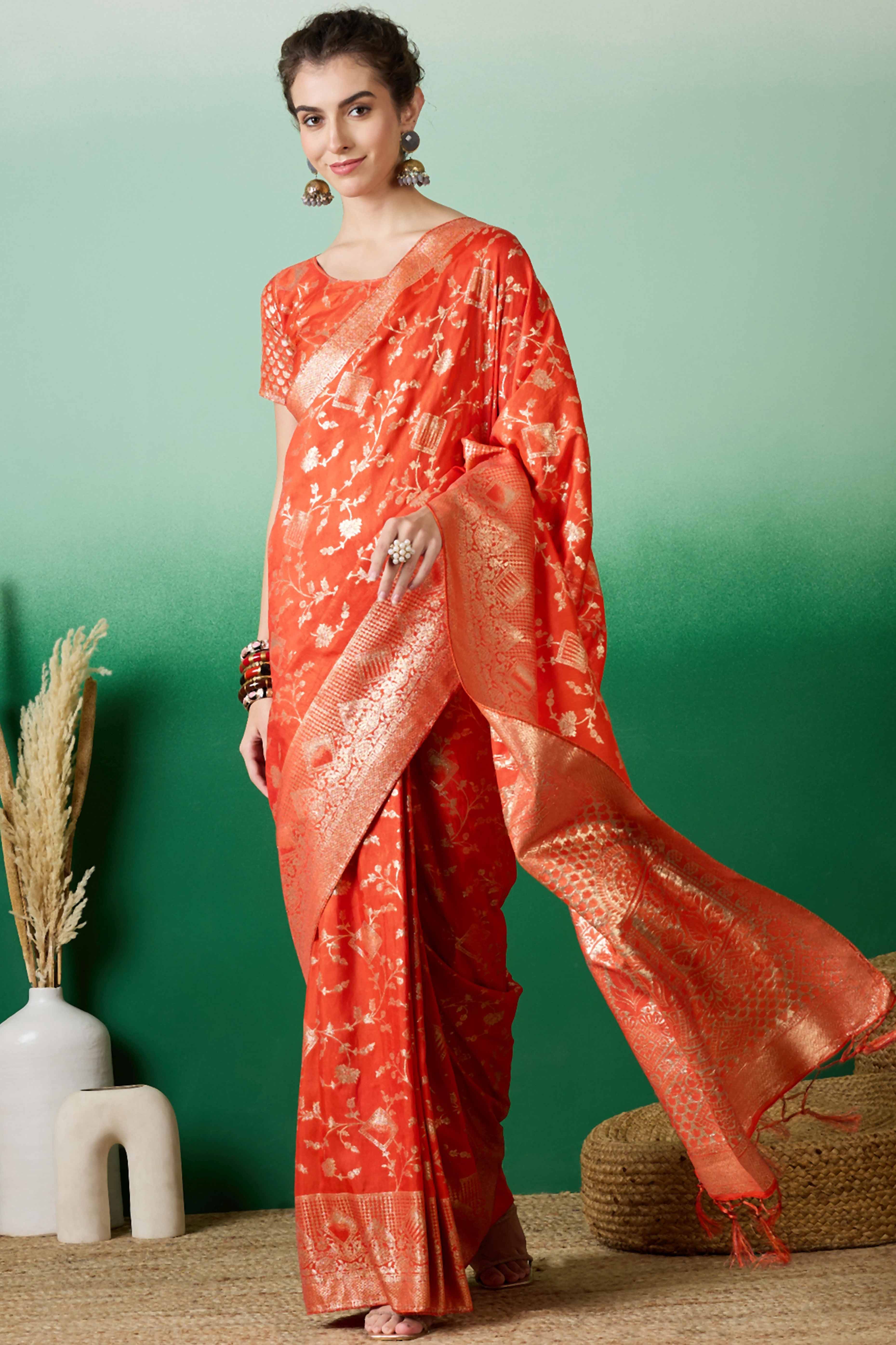 Orange Cotton Blend Saree With Intricate Floral Zari Weaving & Soft Tassel