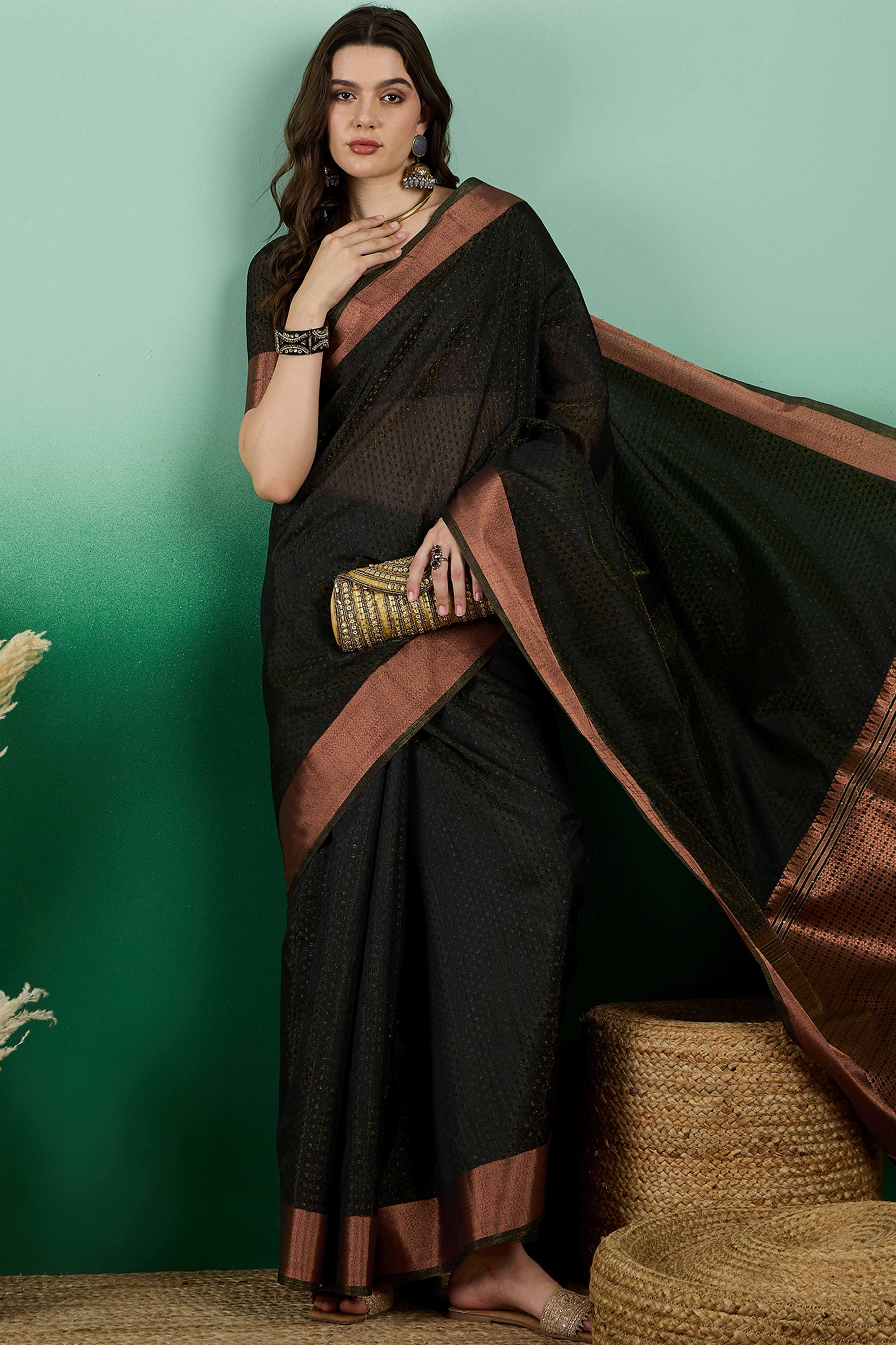 Black Khadi Organza Saree Intricate Weaving & Sparkling Sequins with Tassel Pallu