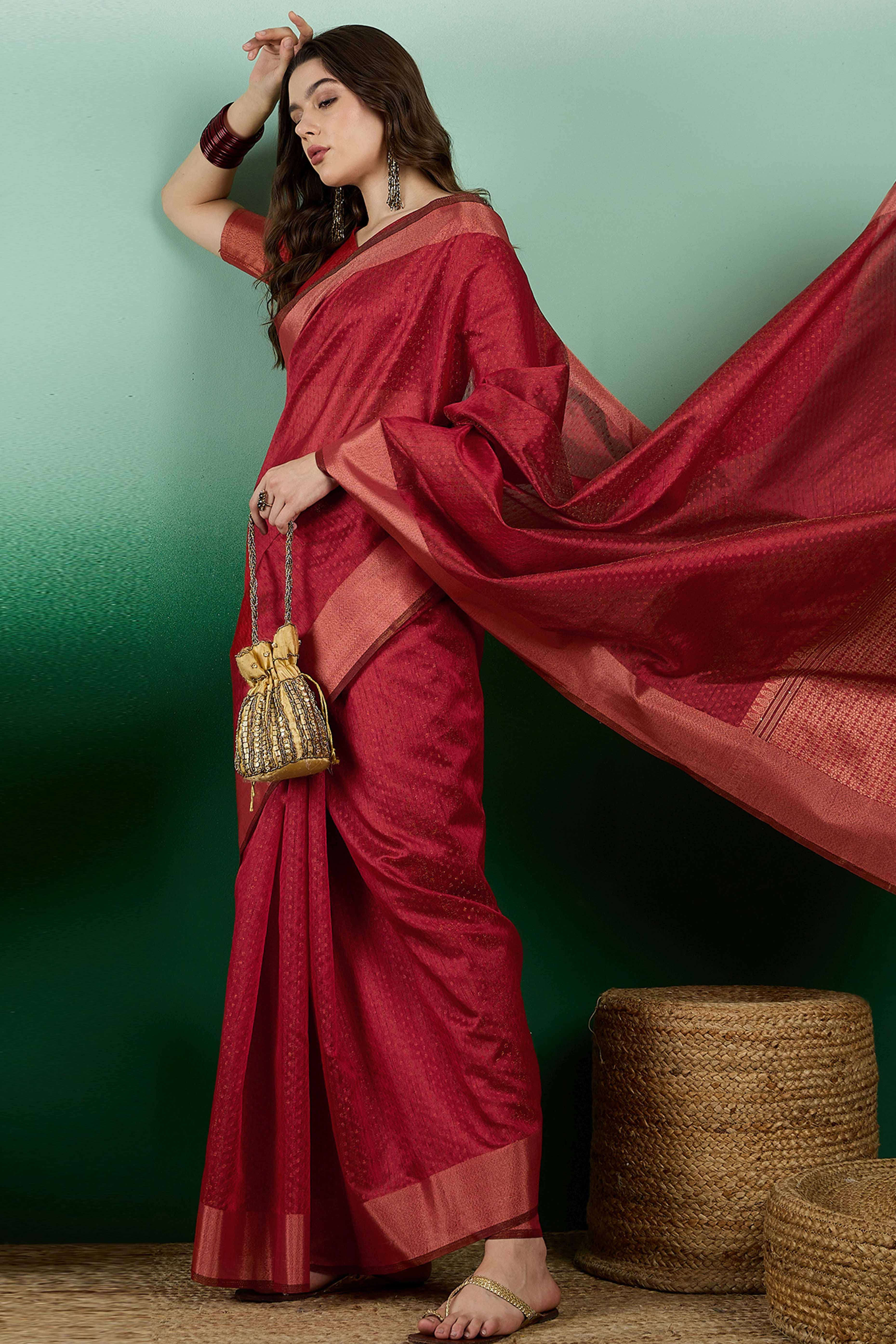 Dark Red Khadi Organza Saree Intricate Weaving & Sparkling Sequins with Tassel Pallu
