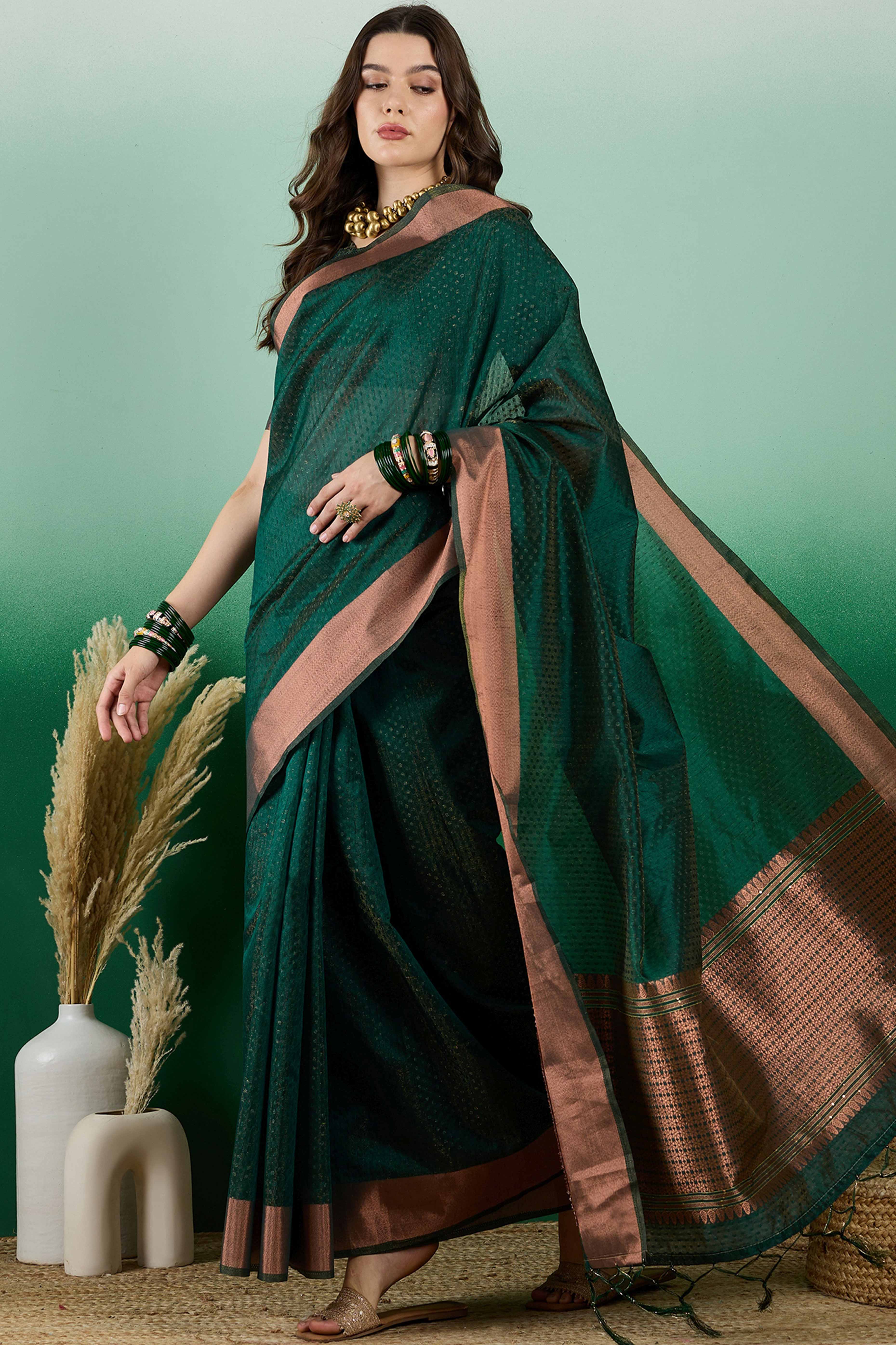 Green Khadi Organza Saree Intricate Weaving & Sparkling Sequins with Tassel Pallu