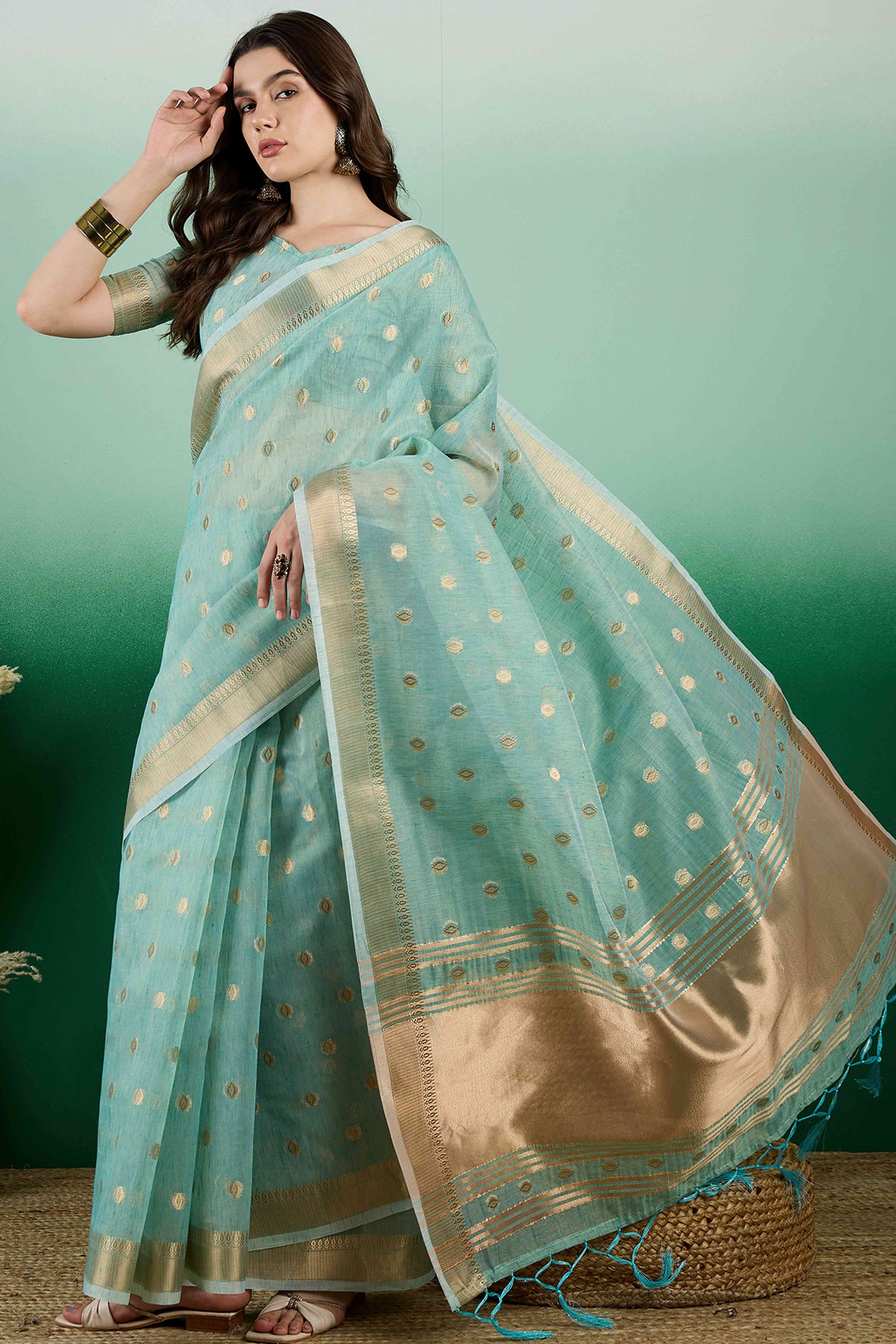 Blue Khadi Organza Saree Embellished With Traditional Zari Work & Tassels