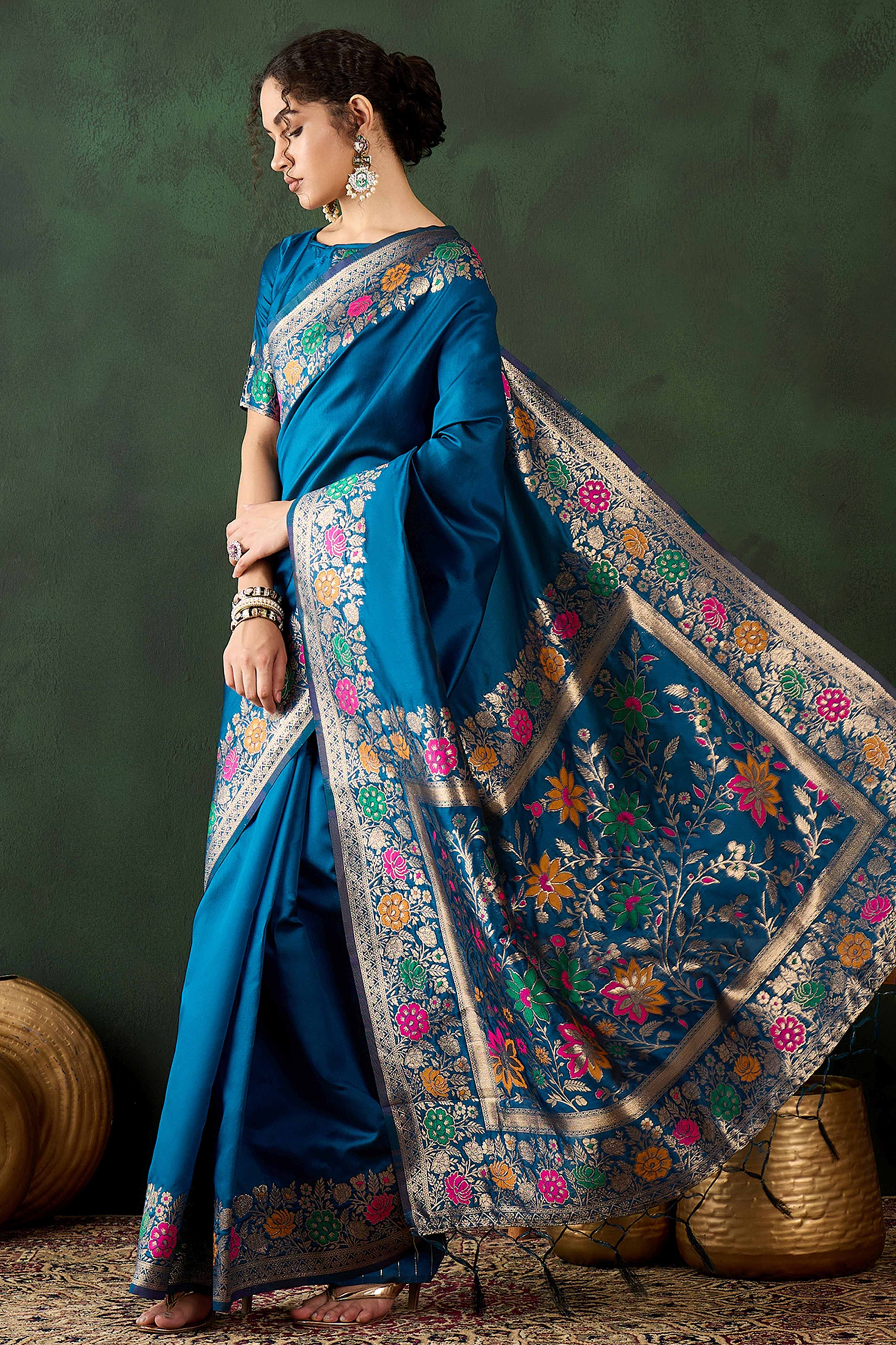 Blue Saree In Poly Silk Blend Featuring Floral Zari Weaving & Tassel Accents