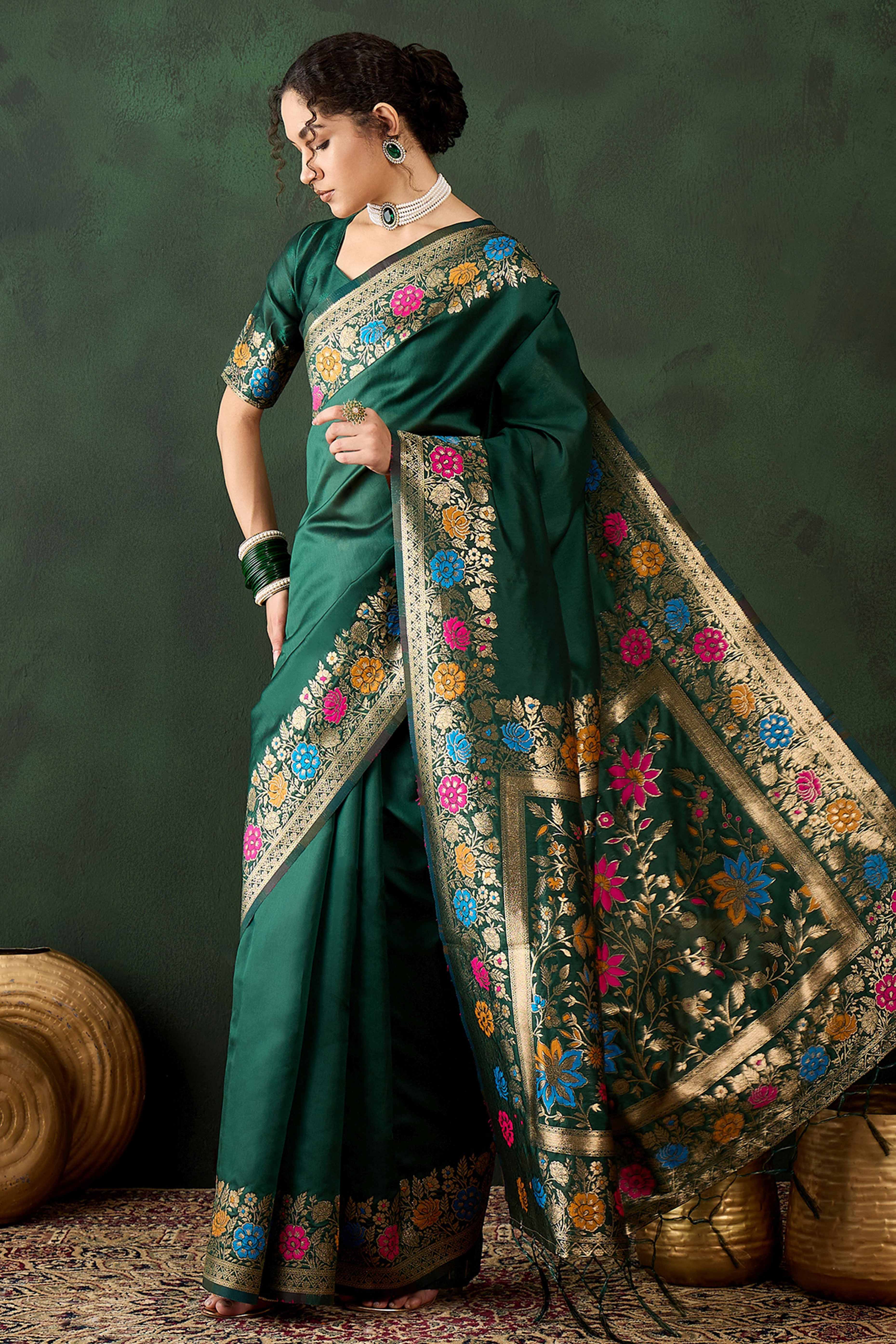 Green Saree In Poly Silk Blend Featuring Floral Zari Weaving & Tassel Accents