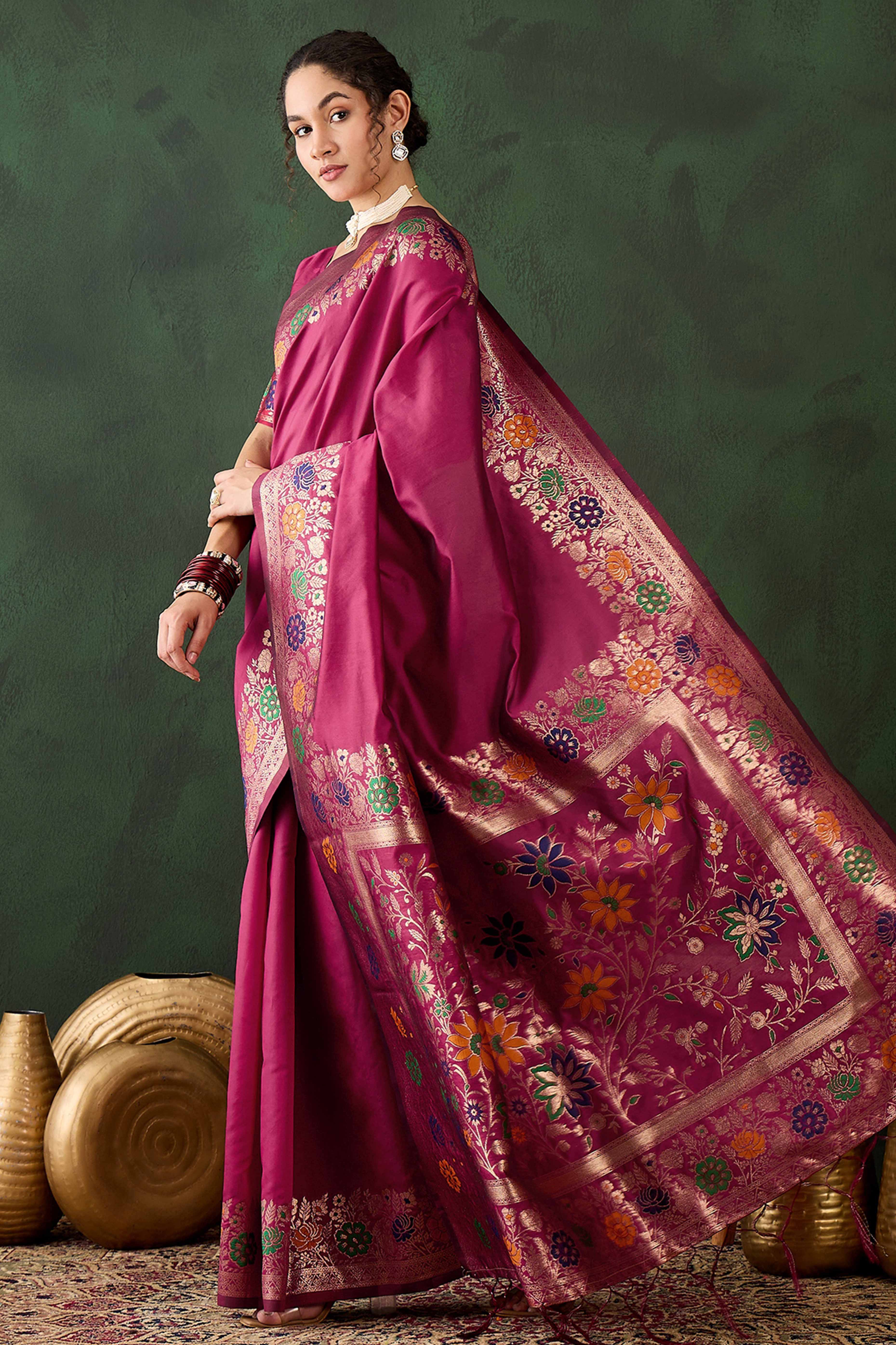 Pink Saree In Poly Silk Blend Featuring Floral Zari Weaving & Tassel Accents