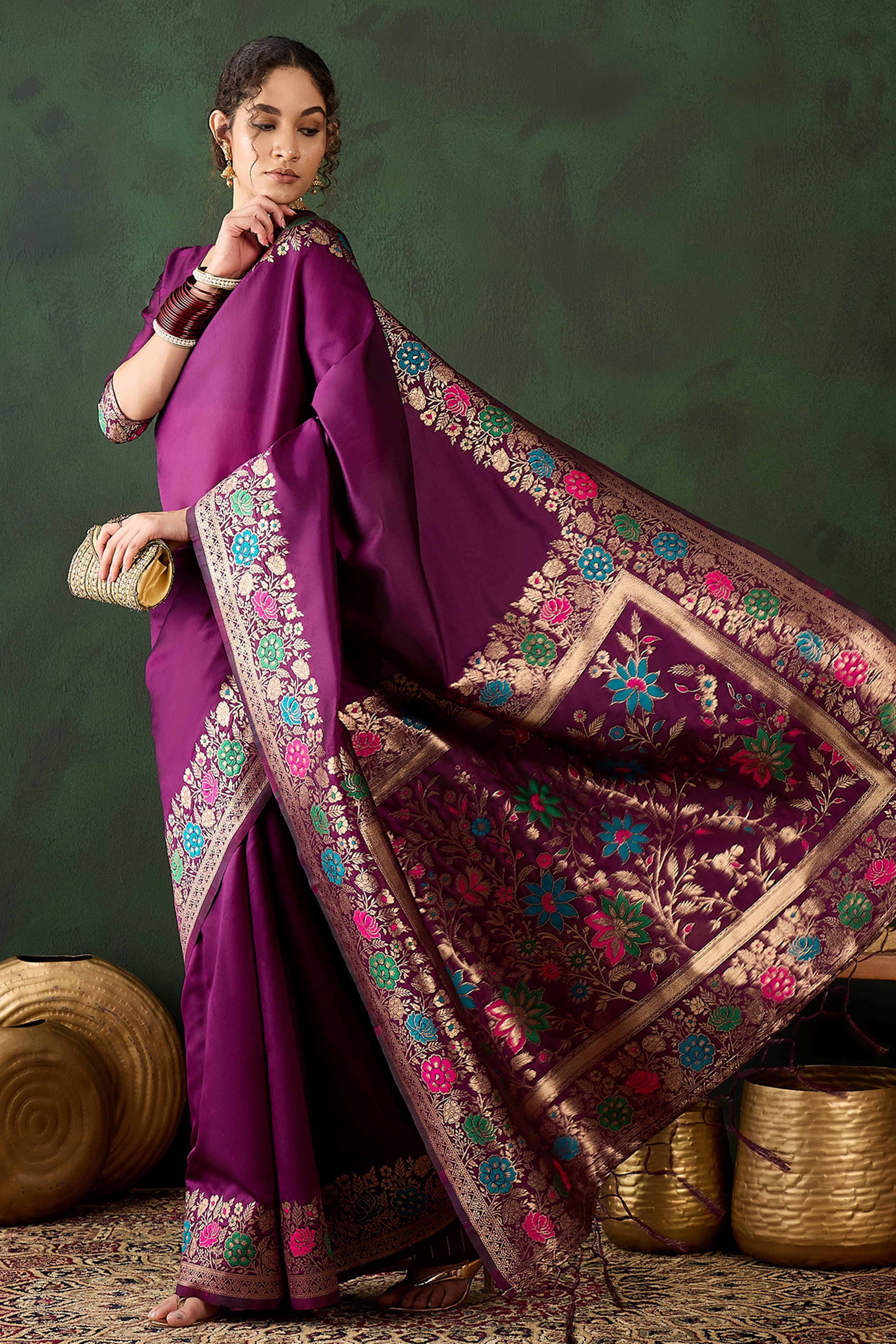Purple Saree In Poly Silk Blend Featuring Floral Zari Weaving & Tassel Accents