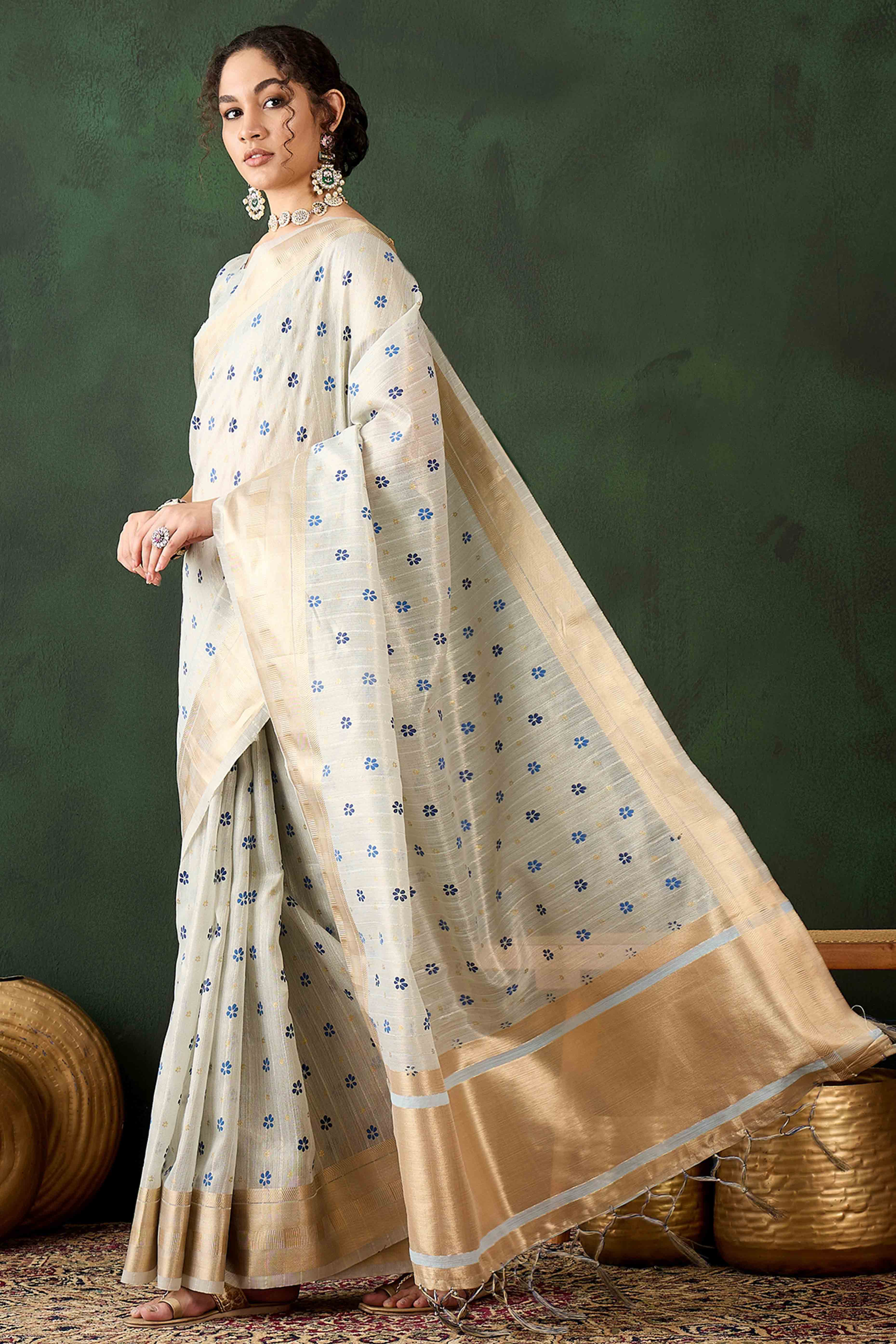 Blue Saree In Khadi Organza Featuring Floral Prints & Intricate Weaving