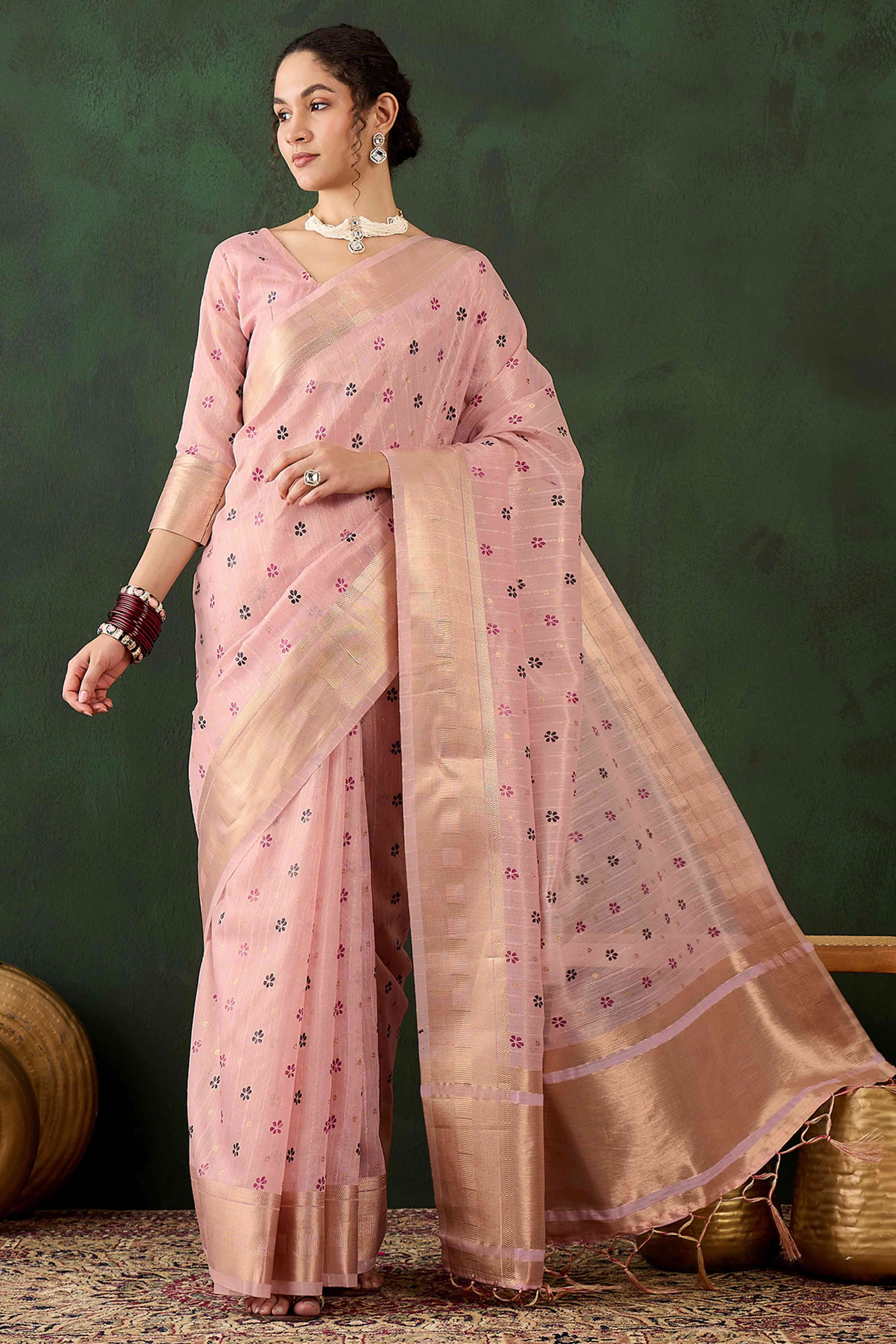 Pink Saree In Khadi Organza Featuring Floral Prints & Intricate Weaving