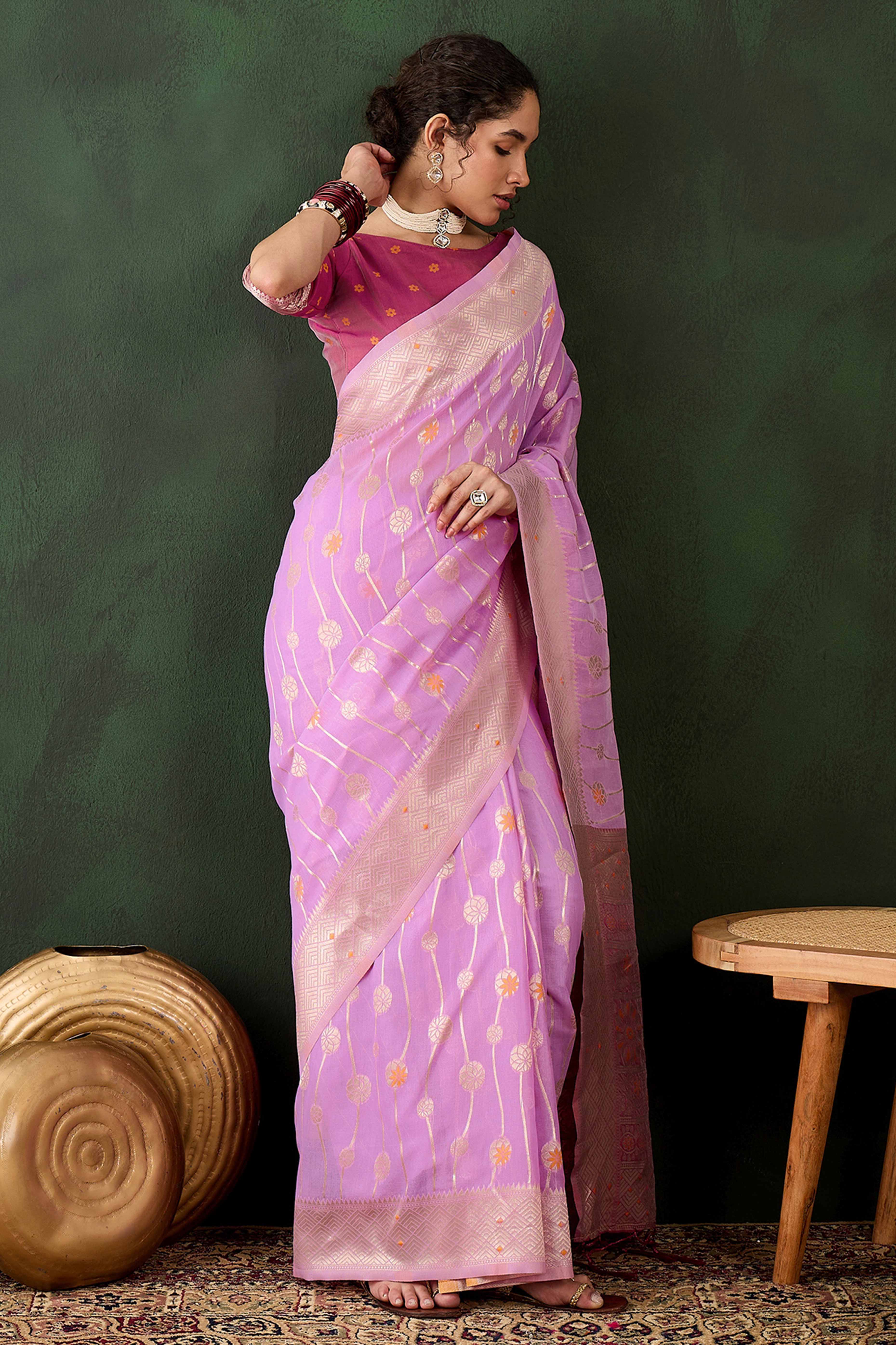 Lavender Cotton Blend Saree Adorned With Intricate Floral Zari Weaving & A Stylish Tassel Pallu