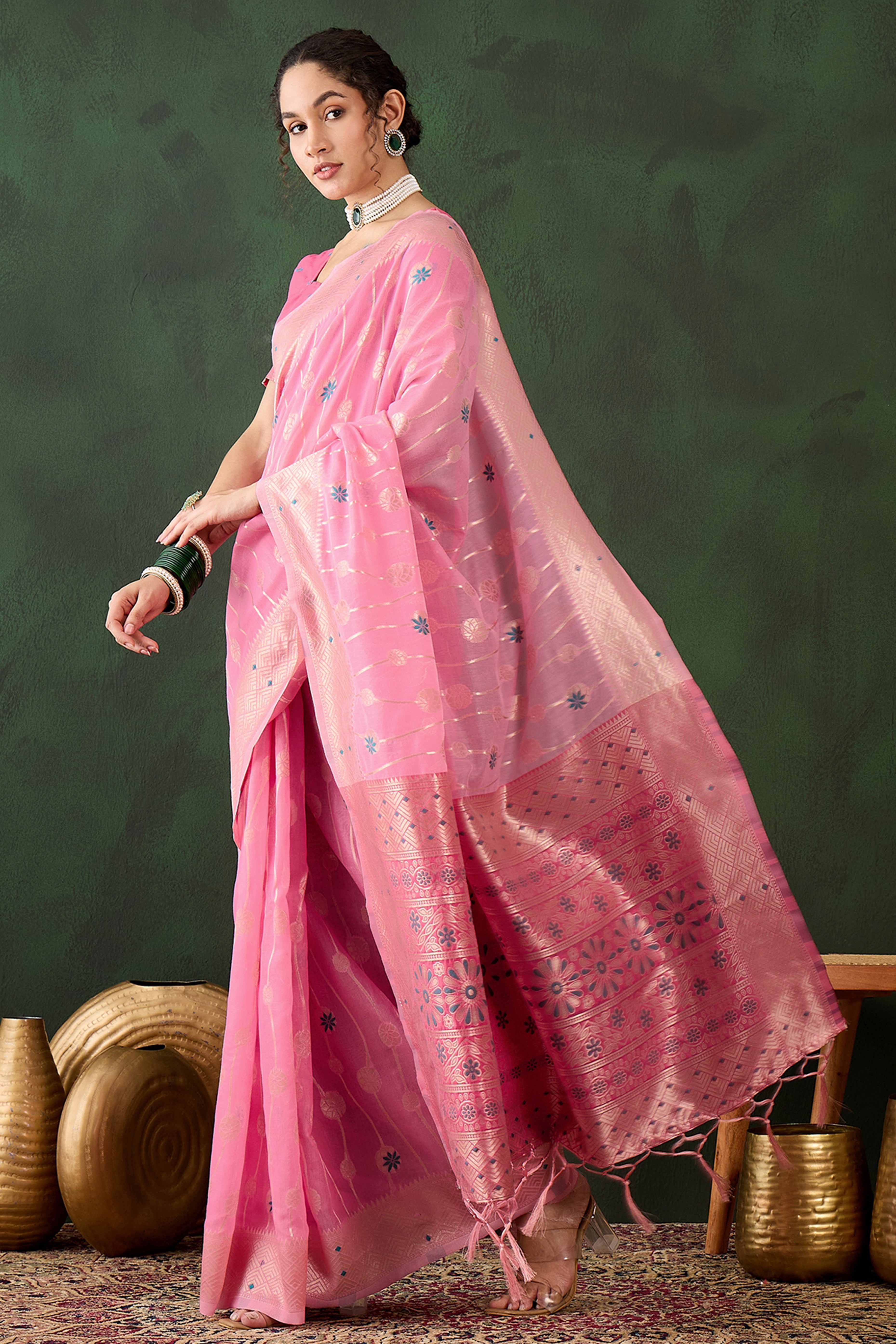 Pink Cotton Blend Saree Adorned With Intricate Floral Zari Weaving & A Stylish Tassel Pallu