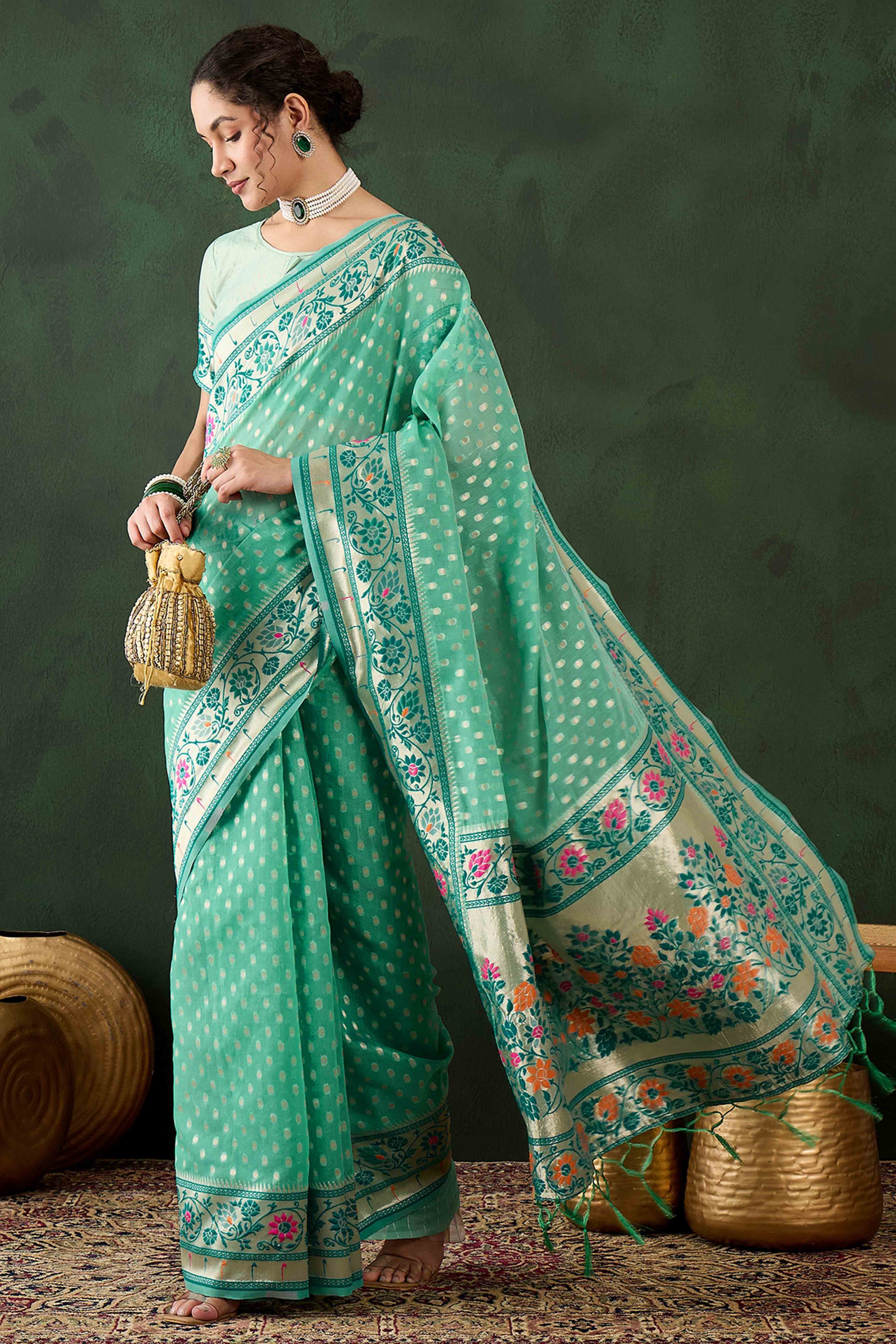 Sea Green Floral Zari Weaving On Orange Poly Cotton Saree With Tasselled Borders