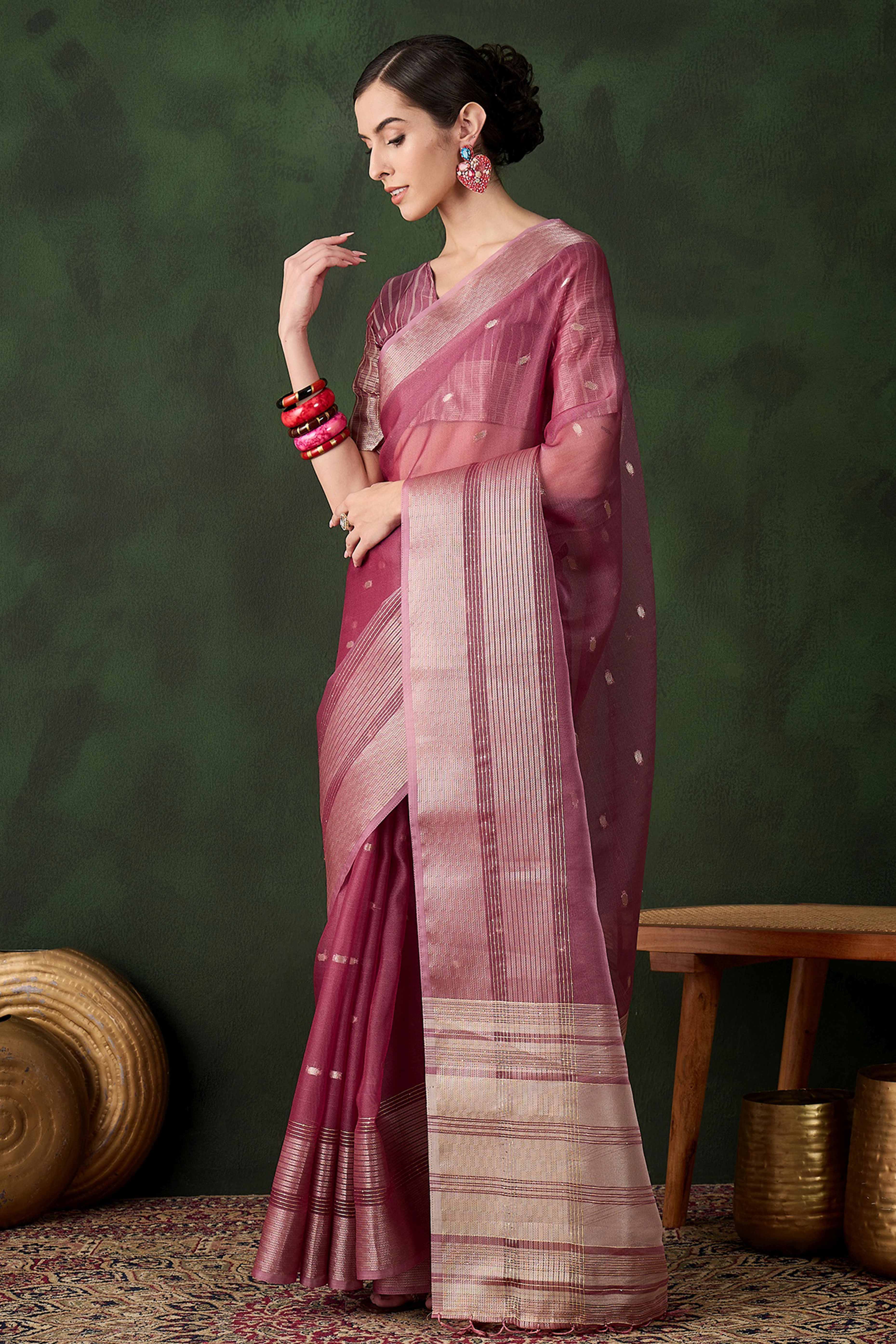 Magenta Woven Khadi Organza Saree Embellished With Shimmering Sequins Work