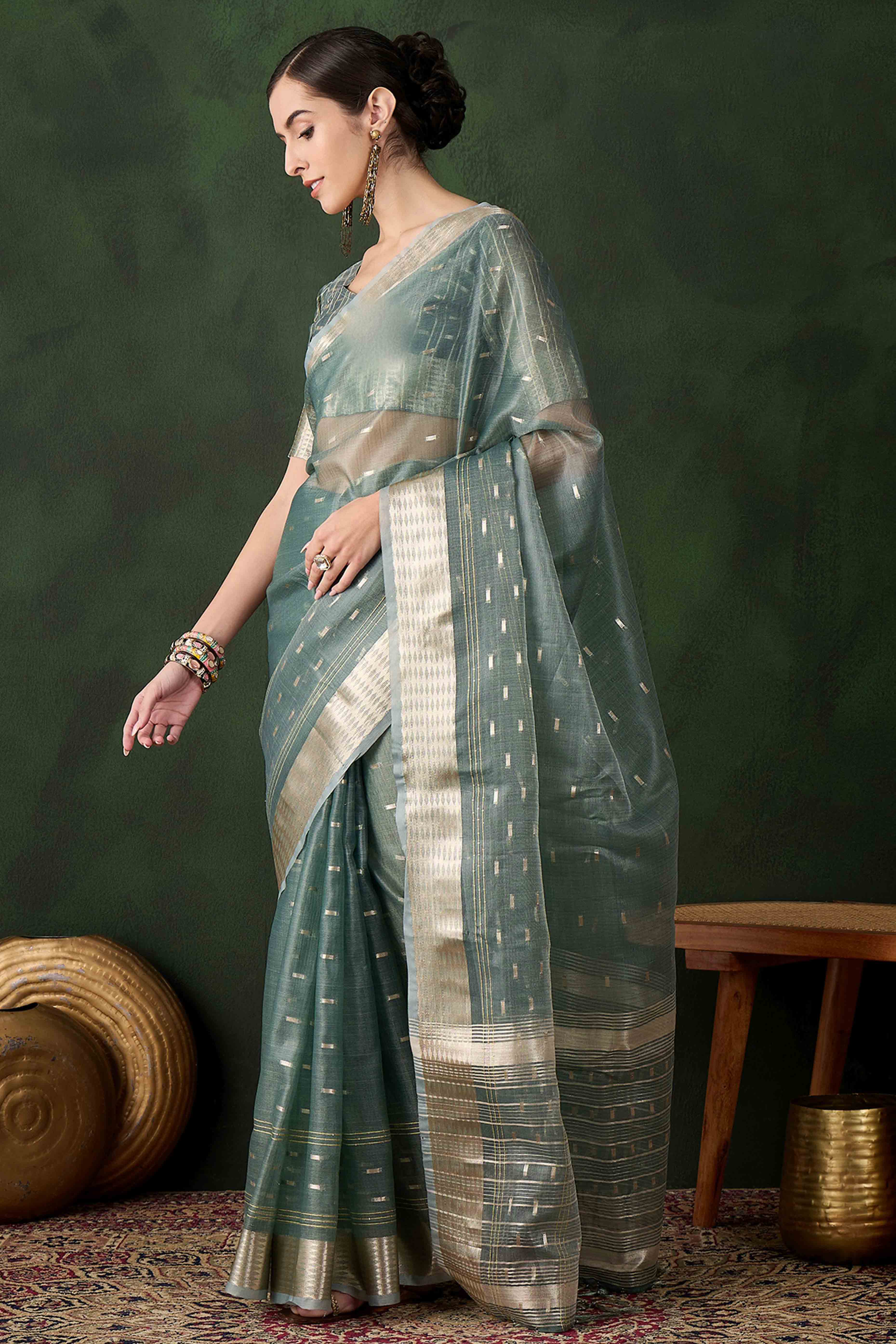 Green Saree With Fine Zari Weaving on Khadi Organza and Tassel Detailing Pallu