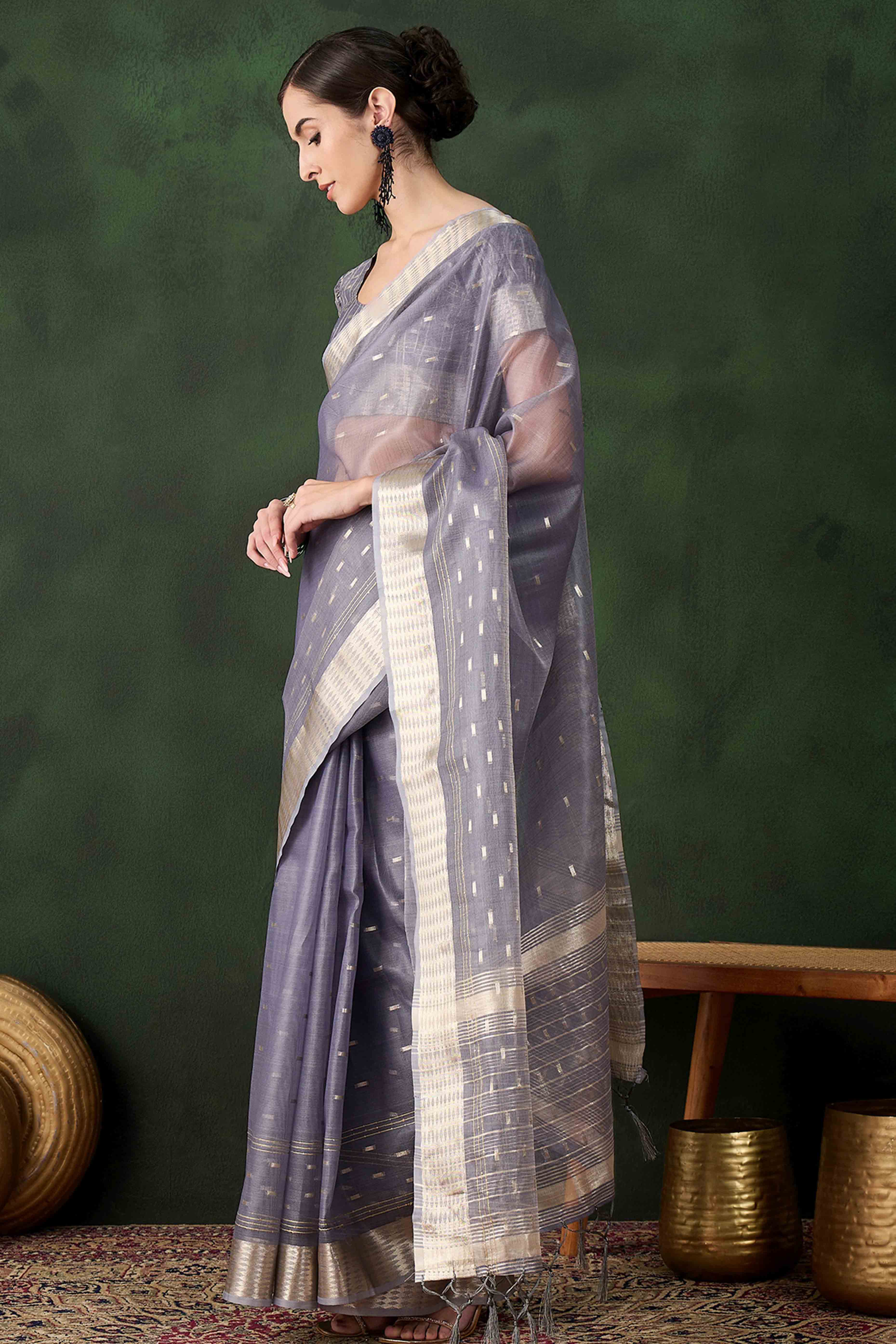Grey Saree With Fine Zari Weaving on Khadi Organza and Tassel Detailing Pallu