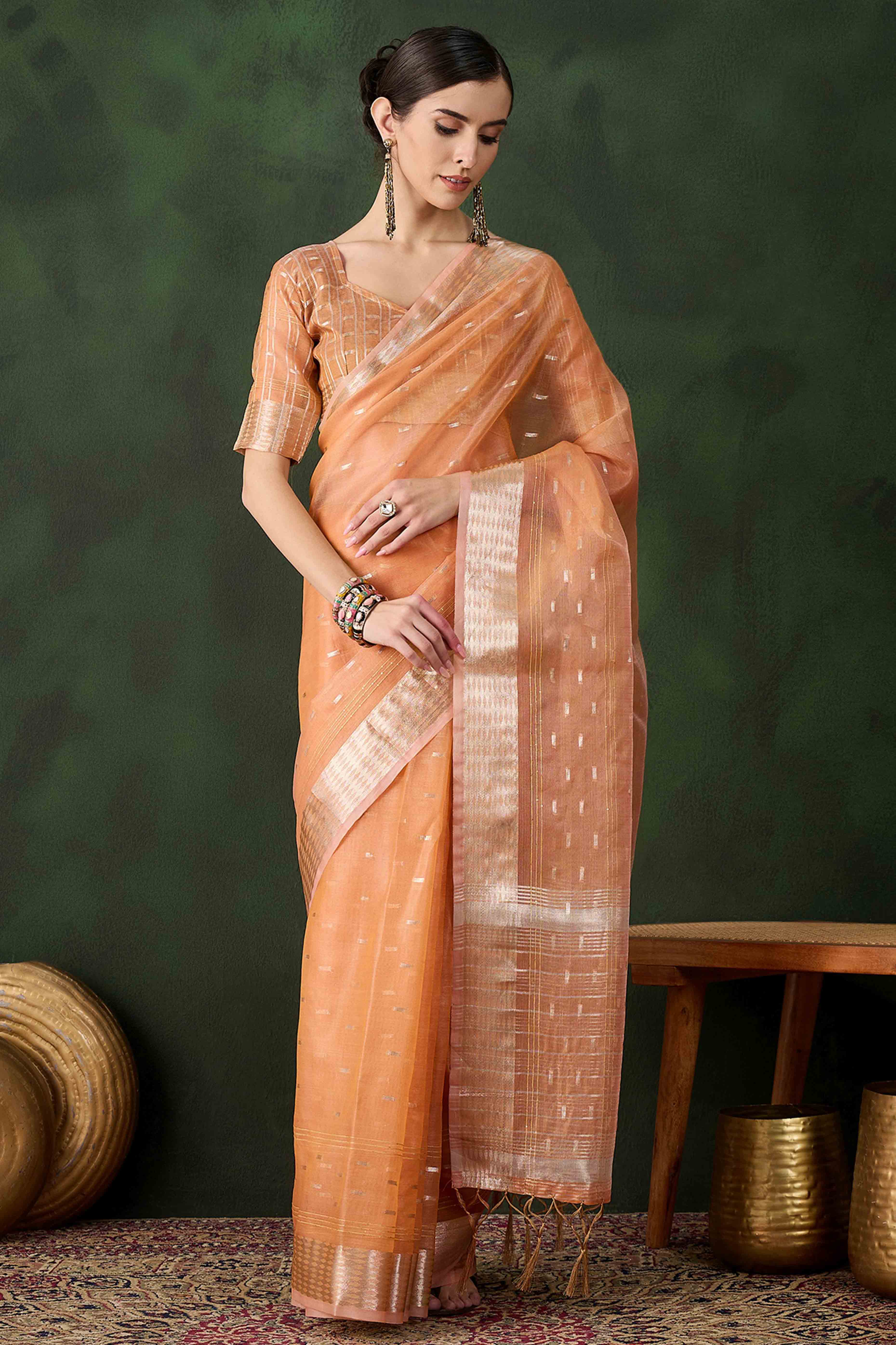 Orange Saree With Fine Zari Weaving on Khadi Organza and Tassel Detailing Pallu