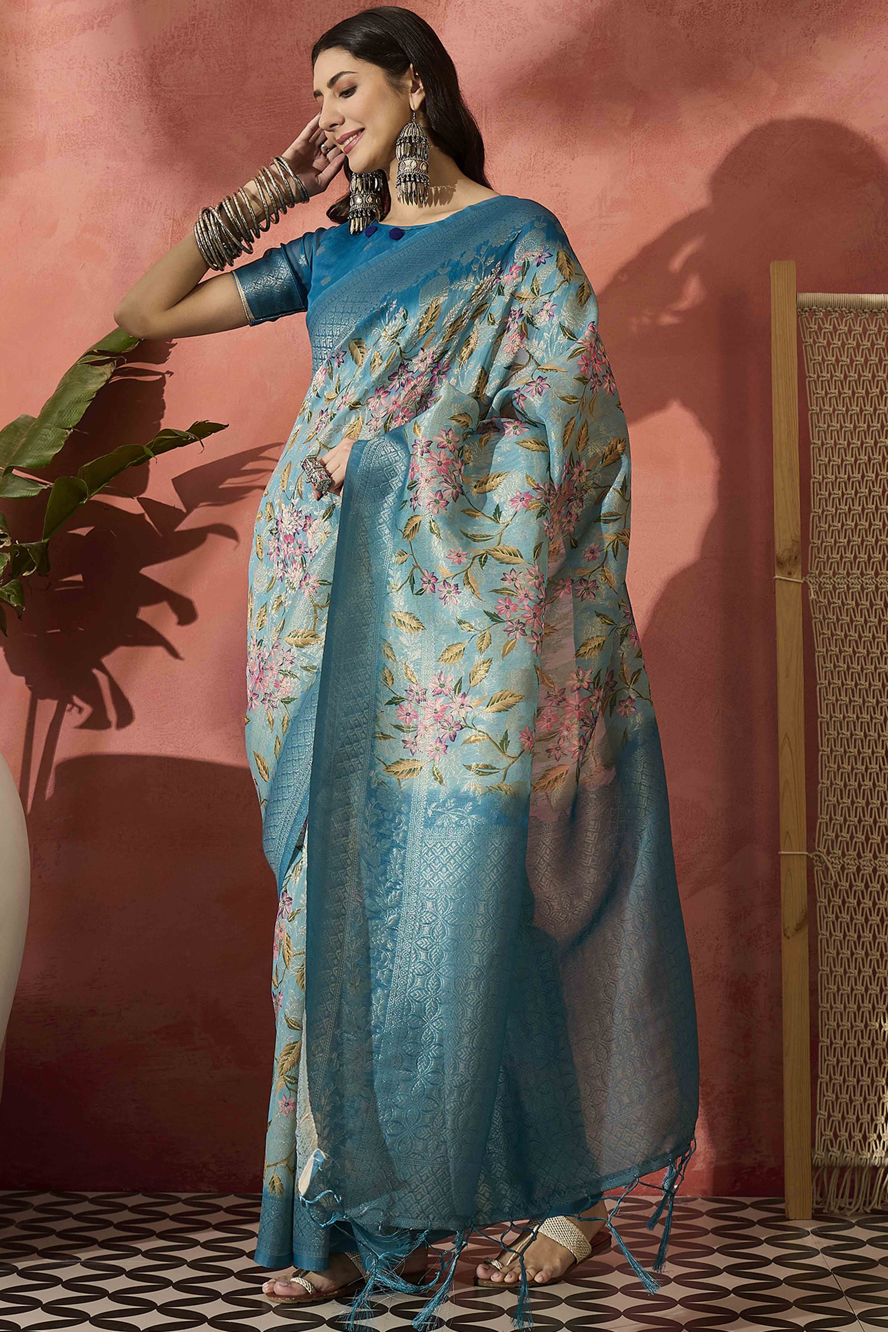 Blue Saree In Poly Cotton Featuring Intricate Floral Zari Weaving & Tassel Accents