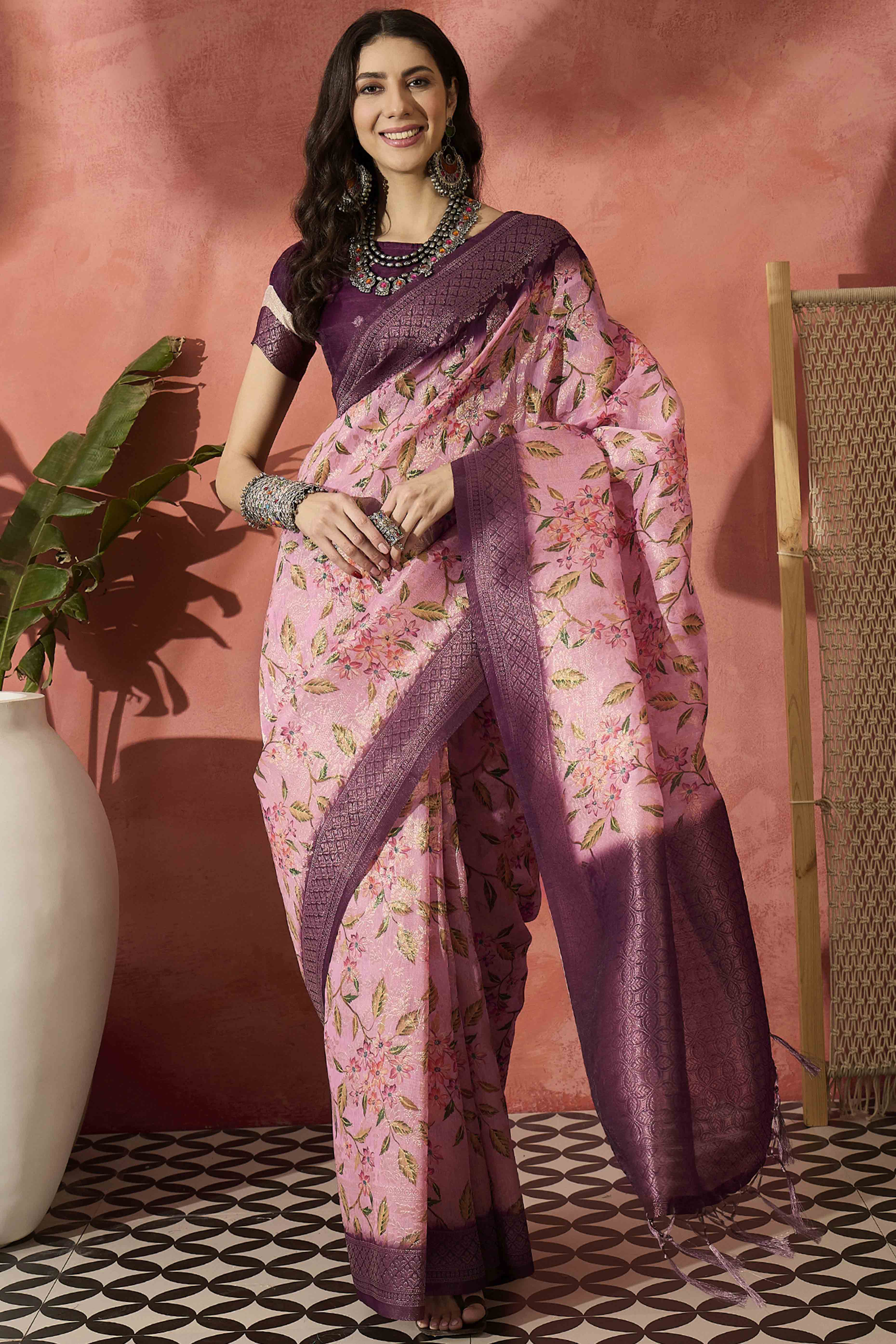 Pastel Pink Saree In Poly Cotton Featuring Intricate Floral Zari Weaving & Tassel Accents