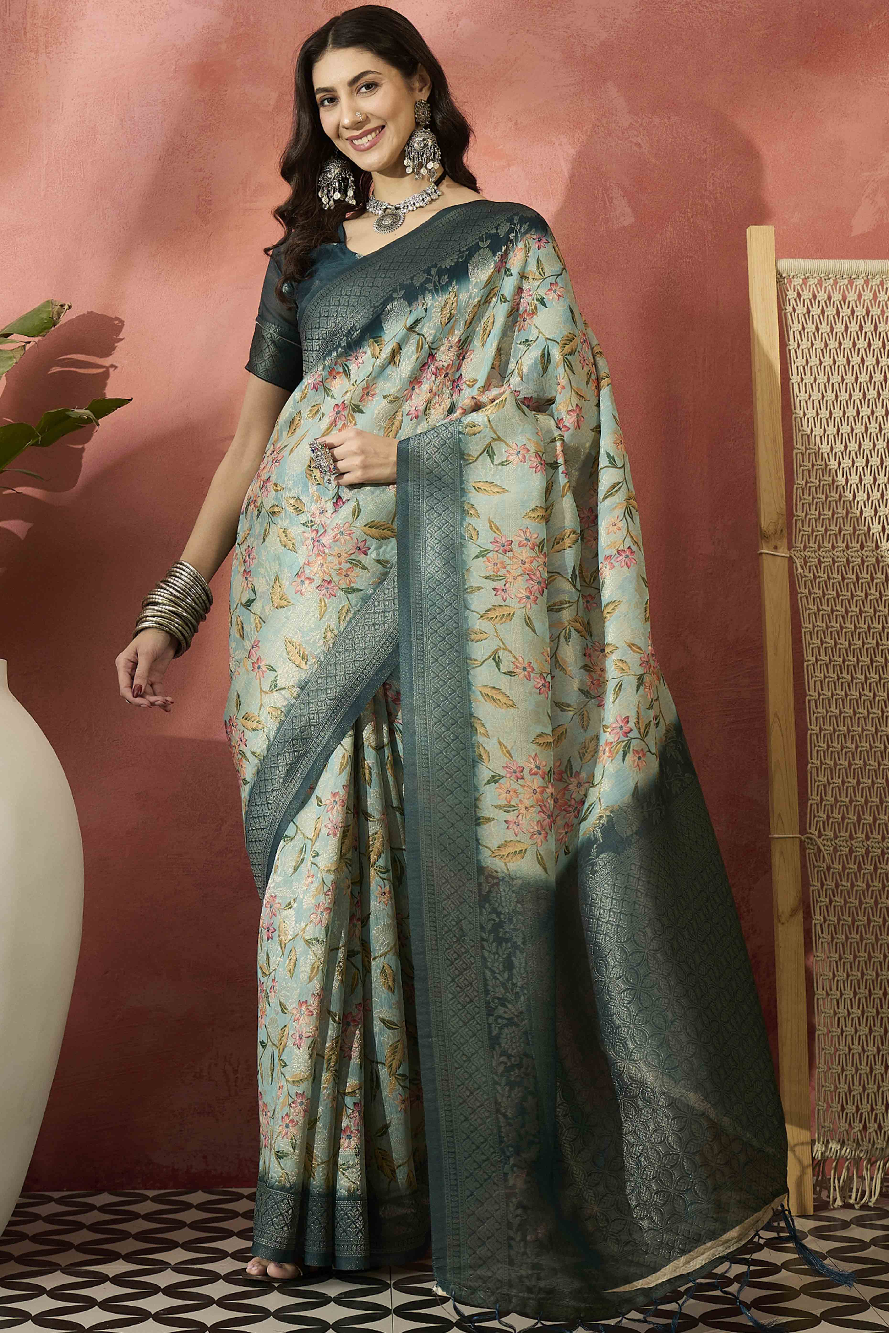 Turquoise Saree In Poly Cotton Featuring Intricate Floral Zari Weaving & Tassel Accents