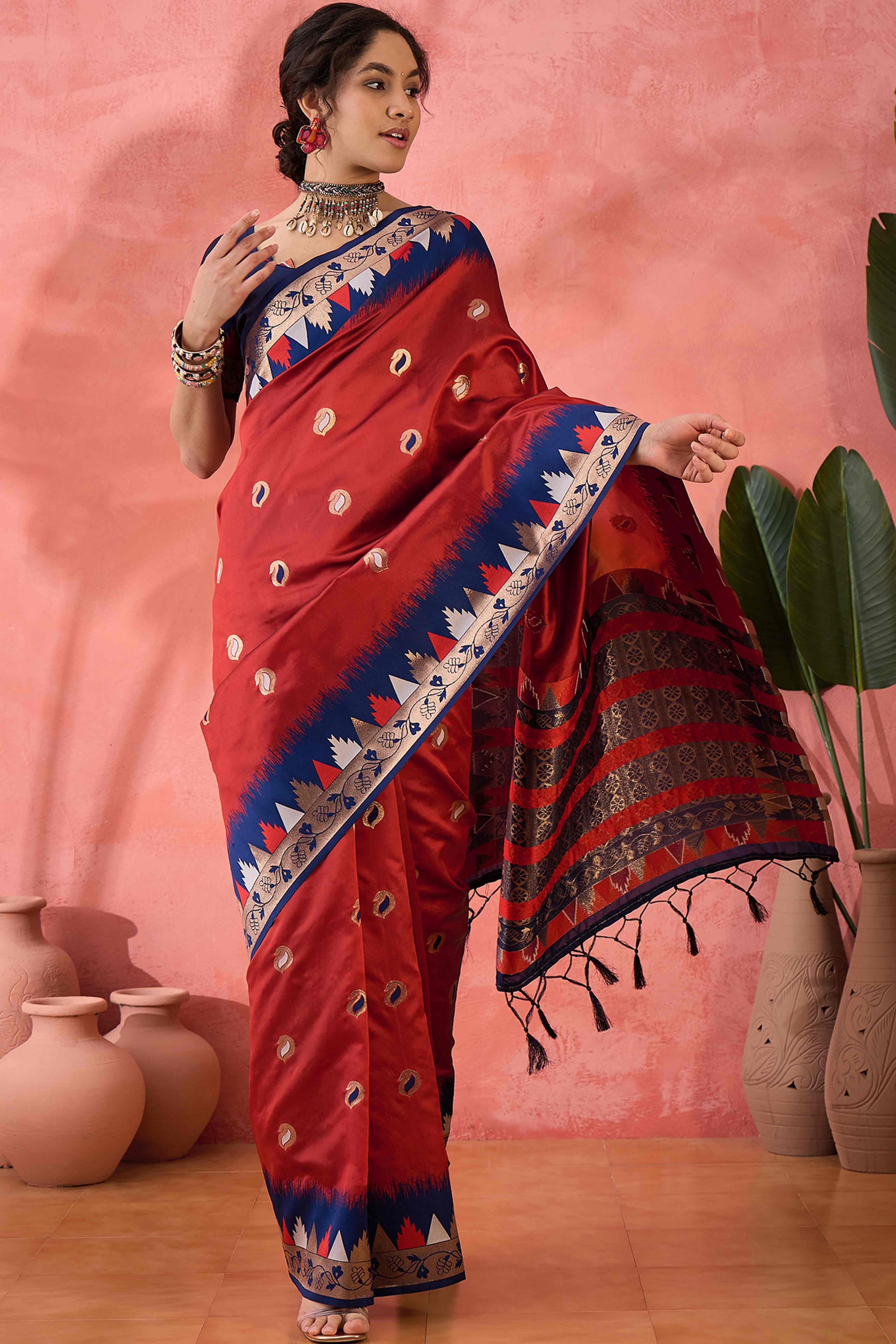 Maroon Zari Woven Poly Silk Saree Enhanced With Graceful Tassel Detailing