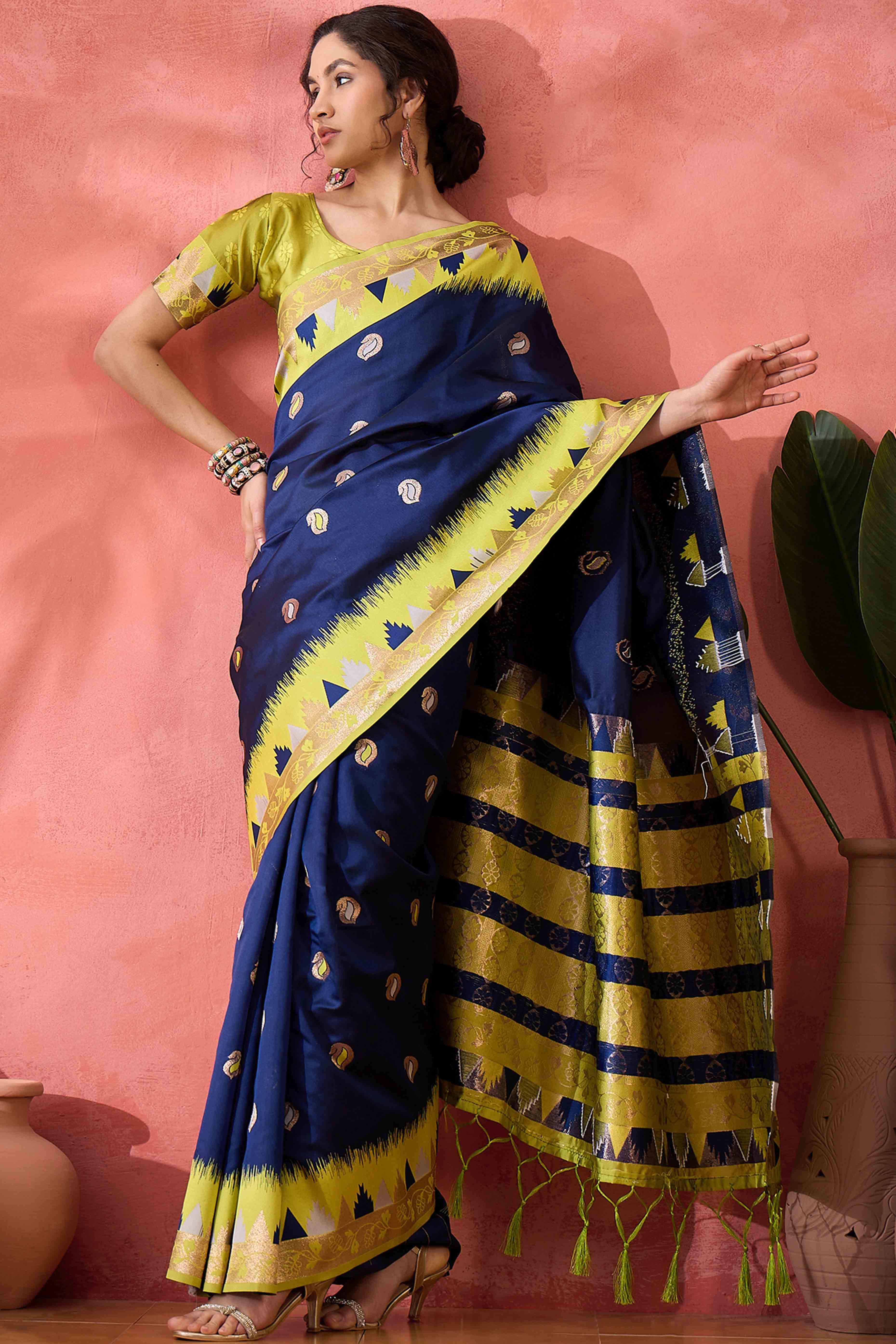 Navy Blue Zari Woven Poly Silk Saree Enhanced With Graceful Tassel Detailing