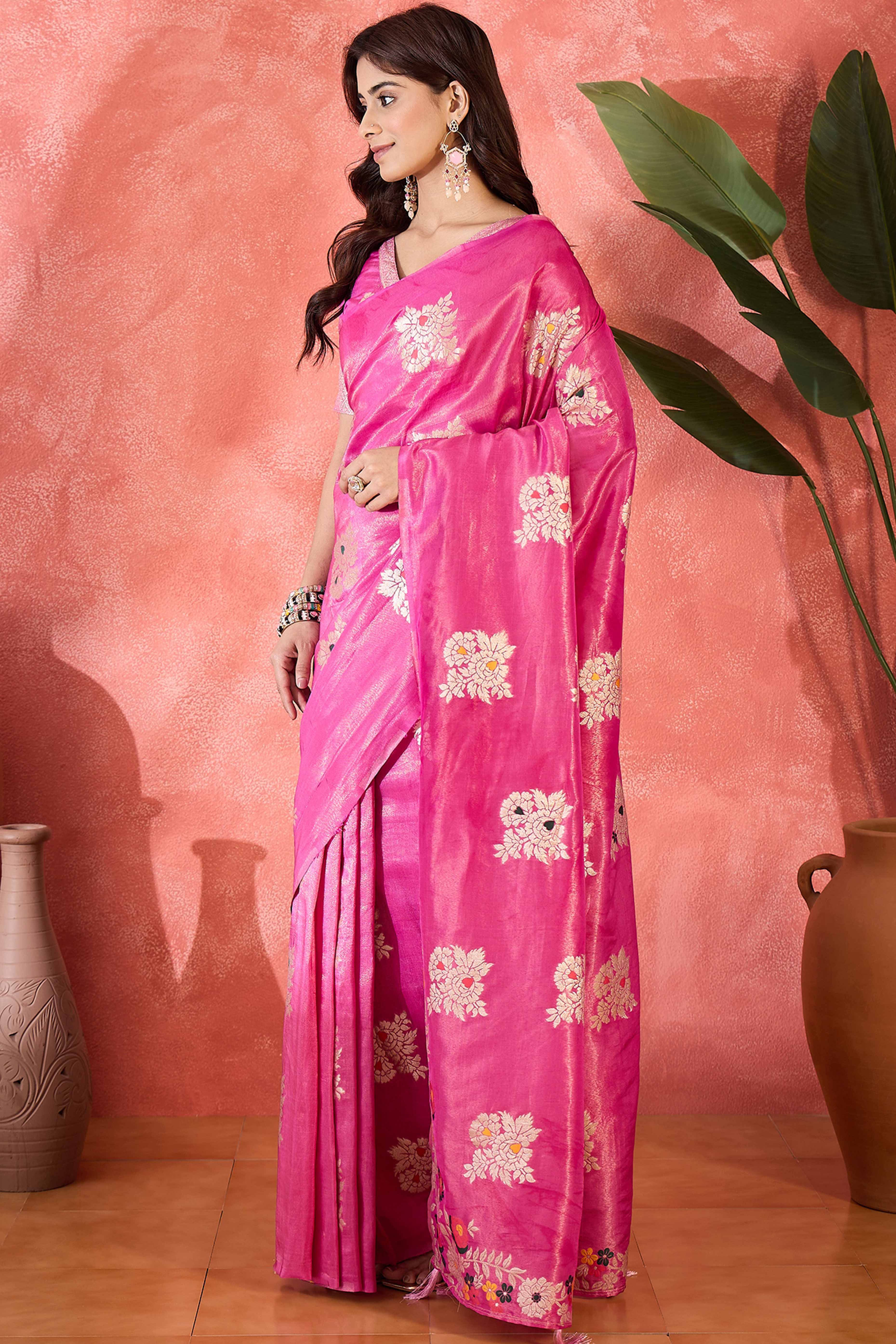Pink Saree In Shimmer Fabric With Floral Zari Weaving & Decorative Tassel Pallu
