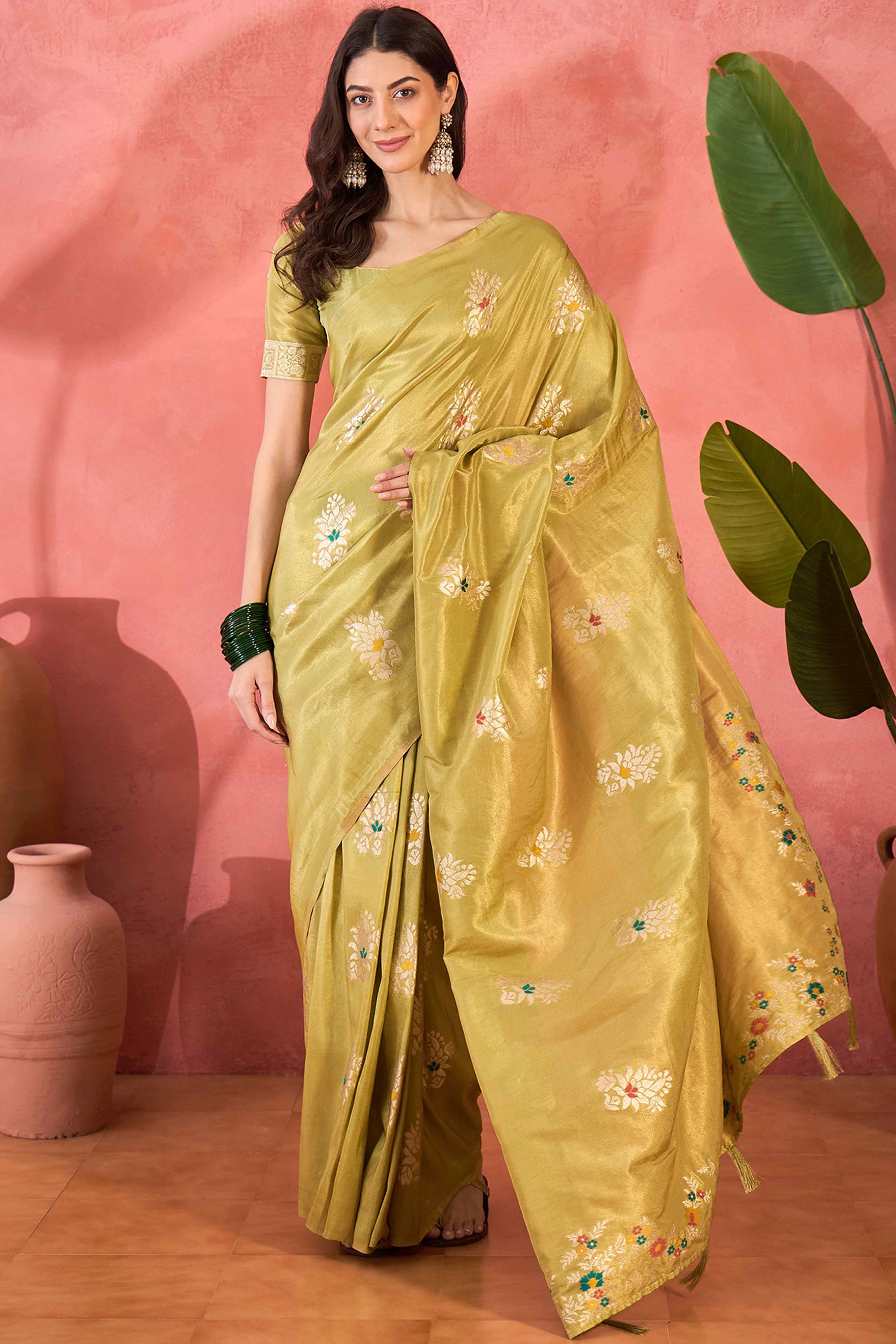 Lime Yellow Shimmer Saree Showcasing Floral Zari Weaving & A Tasselled Pallu