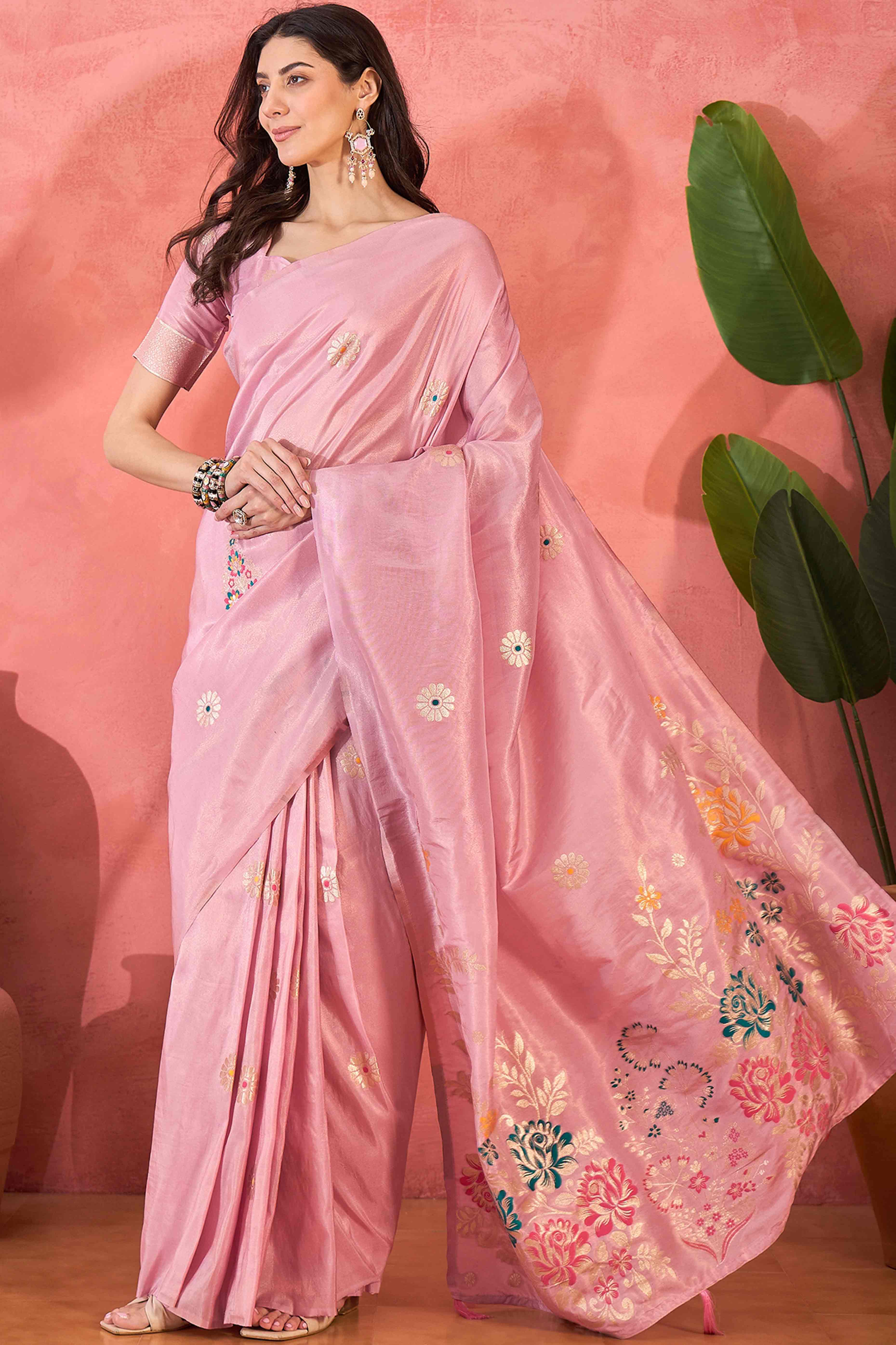 Baby Pink Shimmer Saree Adorned with Floral Zari Weaving & Tassel Pallu